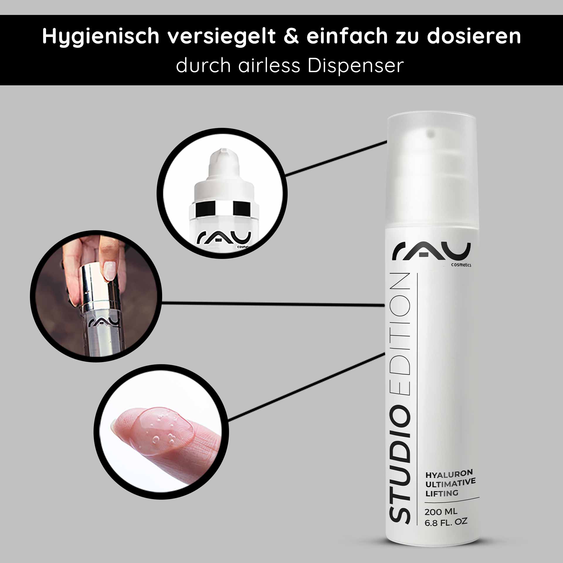 Hyaluron Ultimate Lifting 200 ml Gel de ácido hialurónico RAU Cosmetics Hyaluron Ultimative Lifting Gel im Airless-Spender mit hygienischer Verpackung, Anwendung mit der Fingerspitze und Produktdetails, die die Anti-Aging-Vorteile hervorheben.
