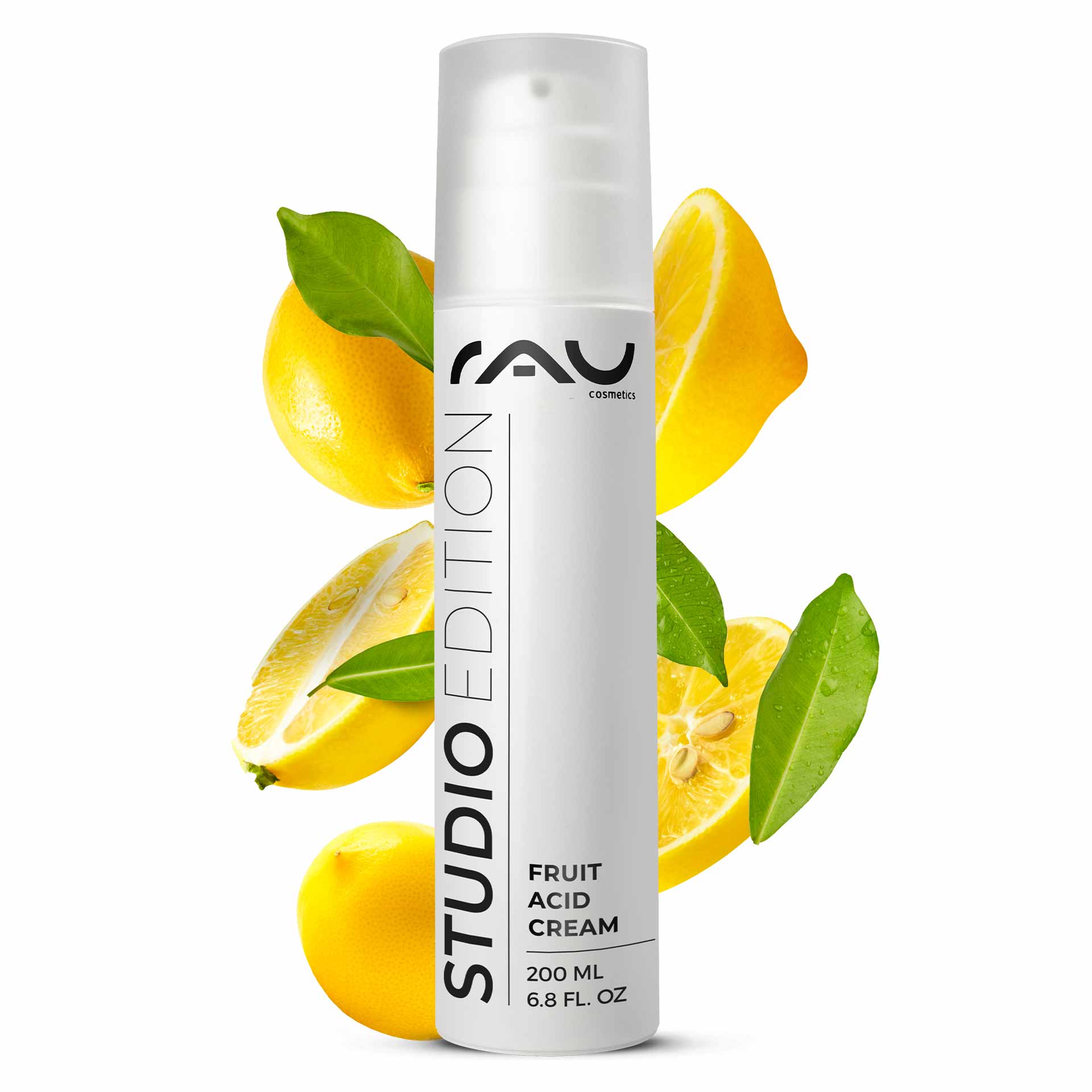 Crema Ácido Frutal 200 ml Crema Ácido Frutal BHA RAU Cosmetics Fruchtsäurecreme, 200-ml-Verpackung mit Zitronenscheiben und grünen Blättern, die die Peeling-Eigenschaften und die Vorteile für die Hautpflege hervorheben.