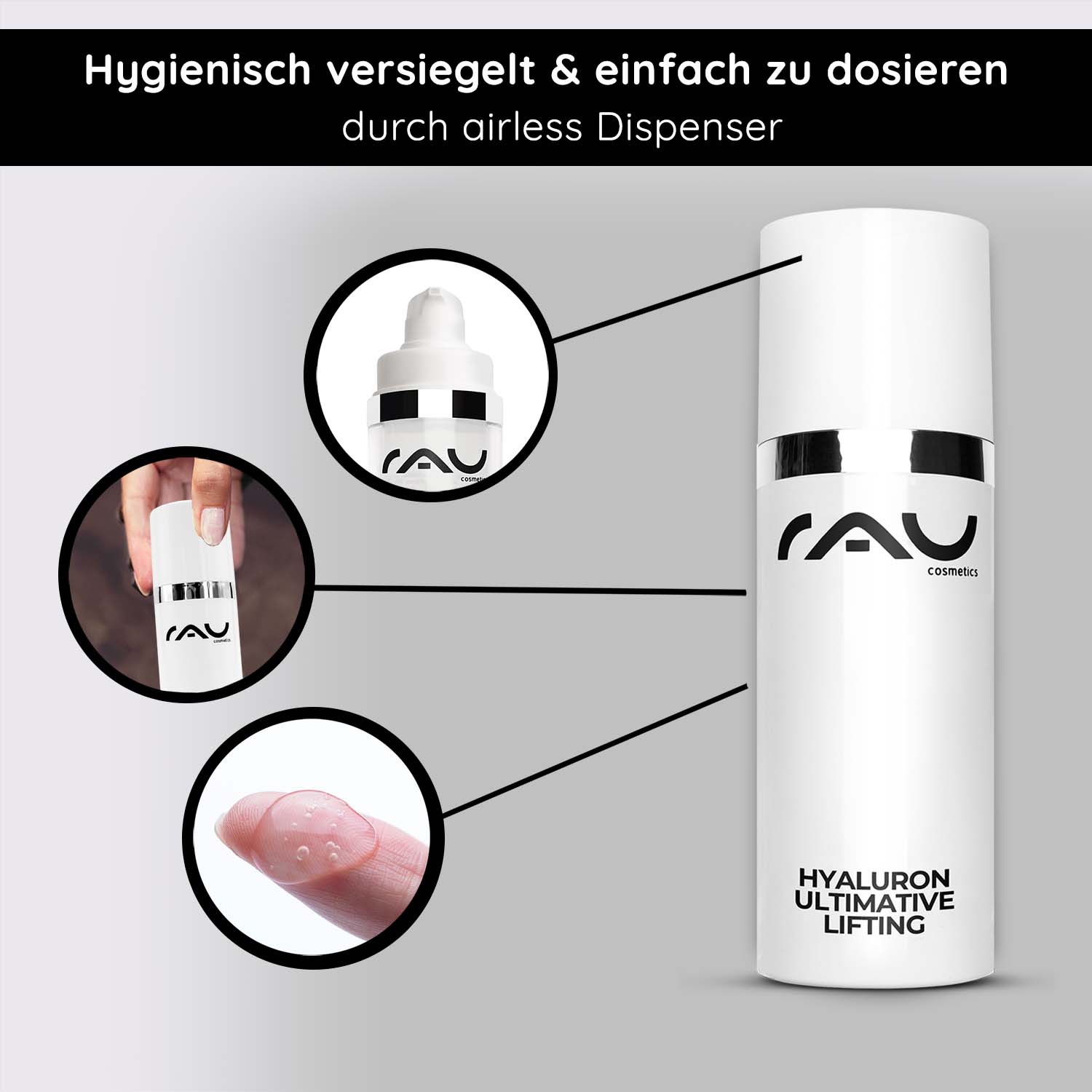 Hyaluron Ultimate Lifting 50 ml Hyaluron Lifting Gel Hyaluron Ultimative Lifting Serum im Airless-Spender mit hygienischer Versiegelung, einfacher Dosierung und gelartiger Textur, entwickelt für feuchtigkeitsspendende und Anti-Aging-Vorteile bei trockener Haut.