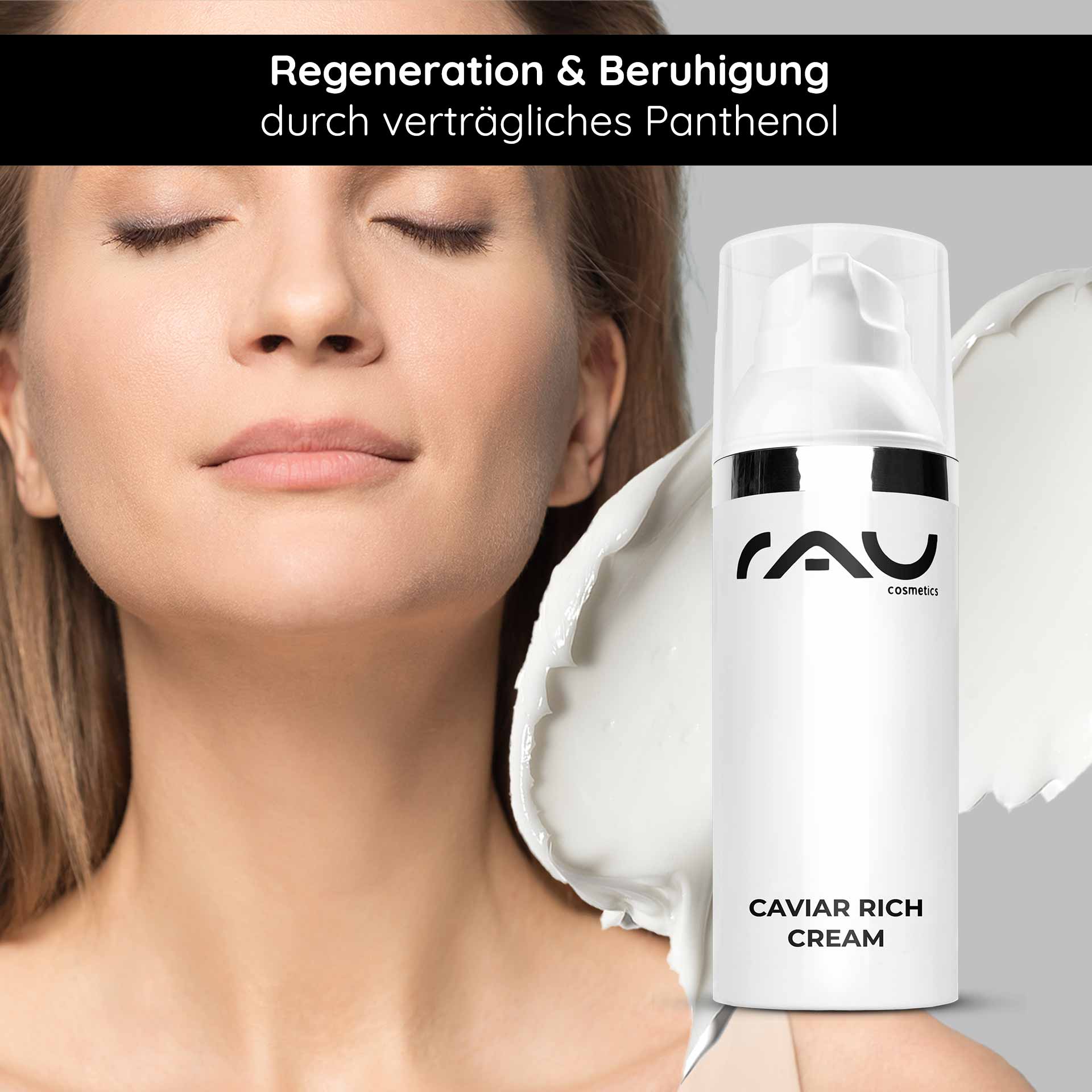 Crema rica de caviar 50 ml Crema rica antiedad Frau mit geschlossenen Augen, die Caviar Rich Cream von RAU Cosmetics hält, mit Fokus auf regenerierende und beruhigende Inhaltsstoffe wie Panthenol.