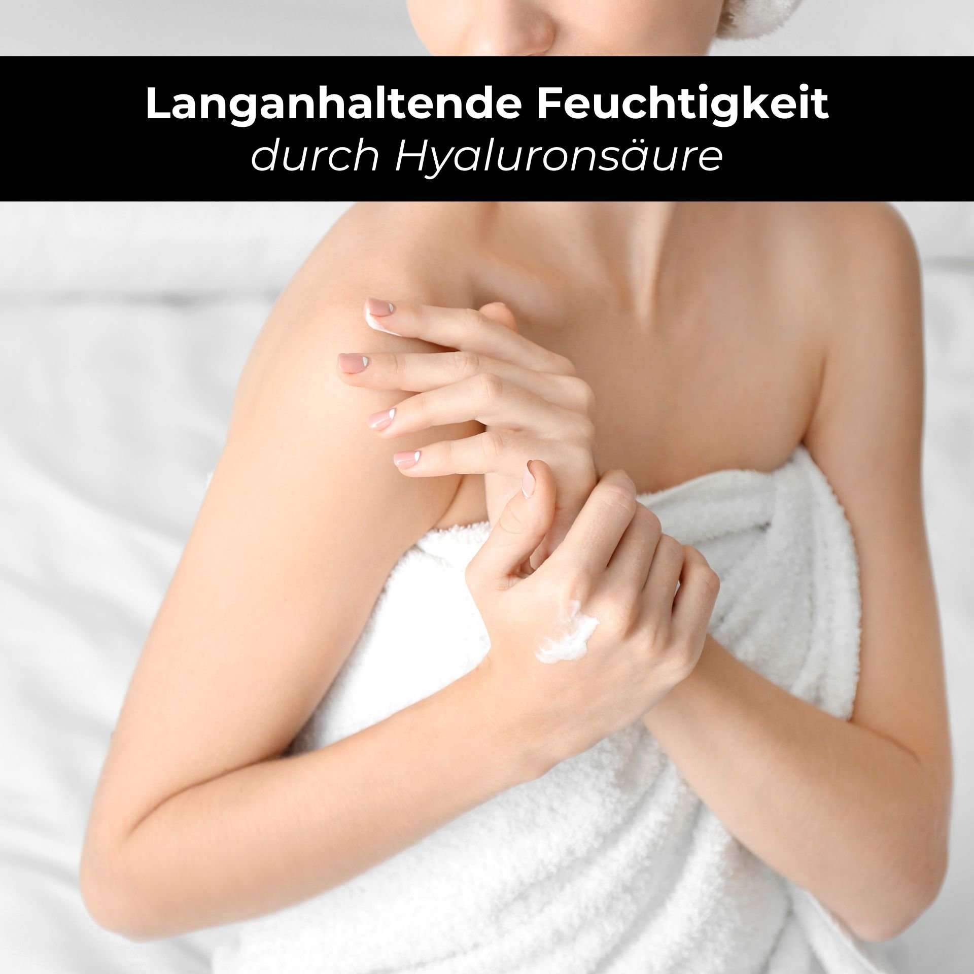 Woman with a towel applying RAU Eternal Moist Body Lotion to her skin, emphasizing long-lasting moisture through hyaluronic acid.