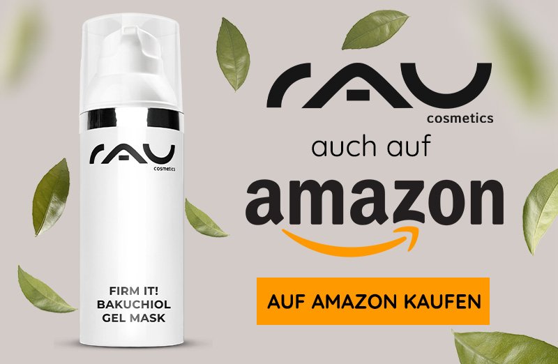 Weißer RAU Cosmetics Bakuchiol Gel-Maske in minimalistischer Verpackung, mit Amazon-Logo und Hinweisen zum Kauf.