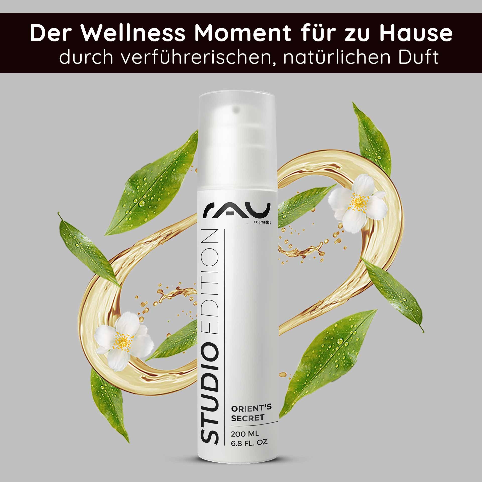 Orient's Secret face cream from RAU Cosmetics in 200 ml, surrounded by natural ingredients like blossoms and leaves, emphasizing nourishing properties and fresh fragrance.