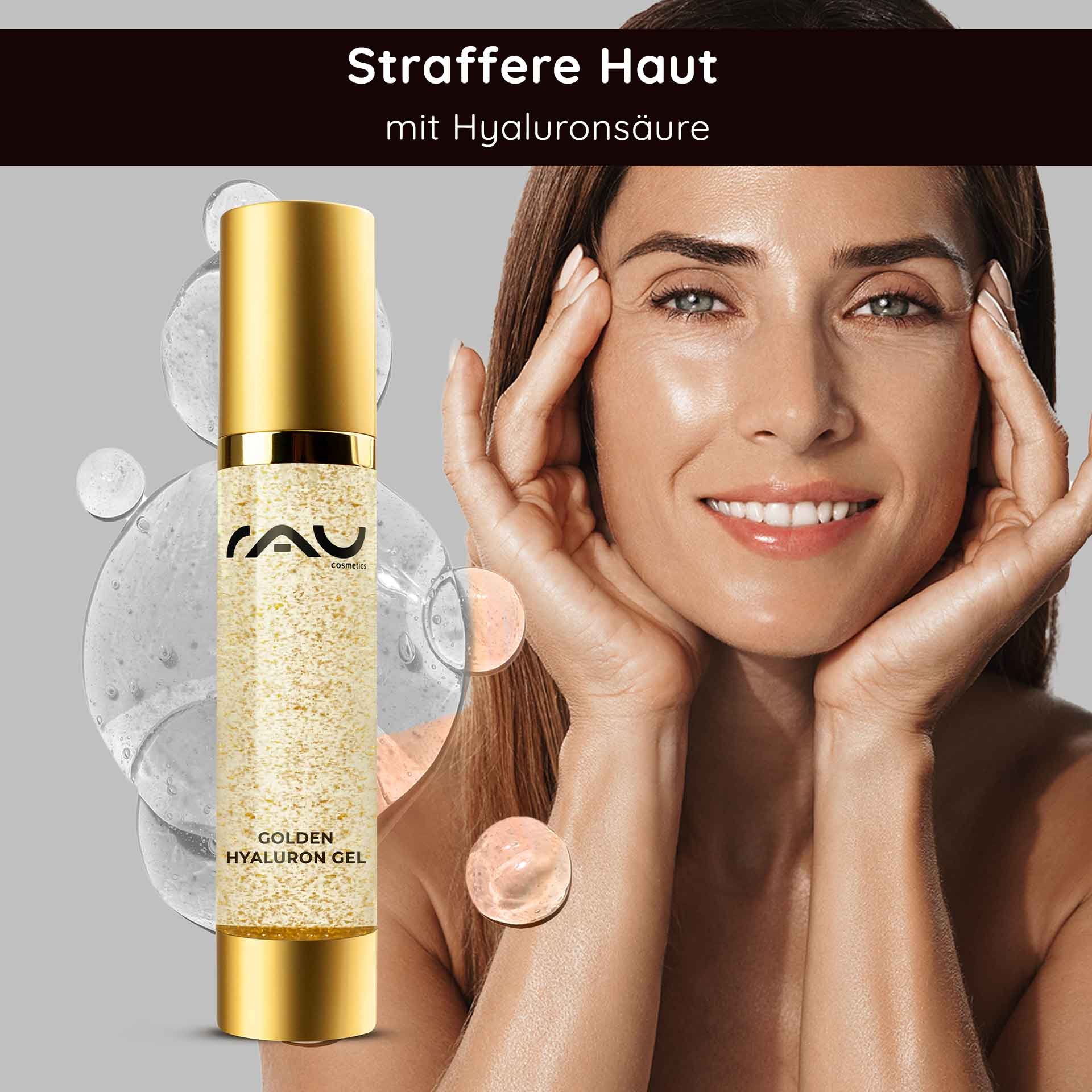 Golden hyaluronic gel bottle by RAU Cosmetics with 23 karat gold, woman applying skincare and emphasizing anti-aging and hydration benefits.