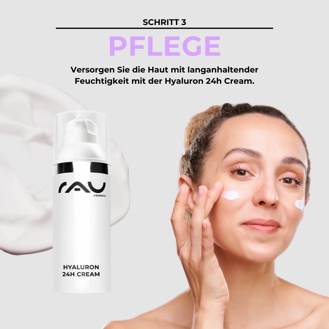 Woman with RAU Cosmetics Hyaluron 24H Cream applying moisturizer to her face, Step 3 of the basic skincare routine for dry skin.