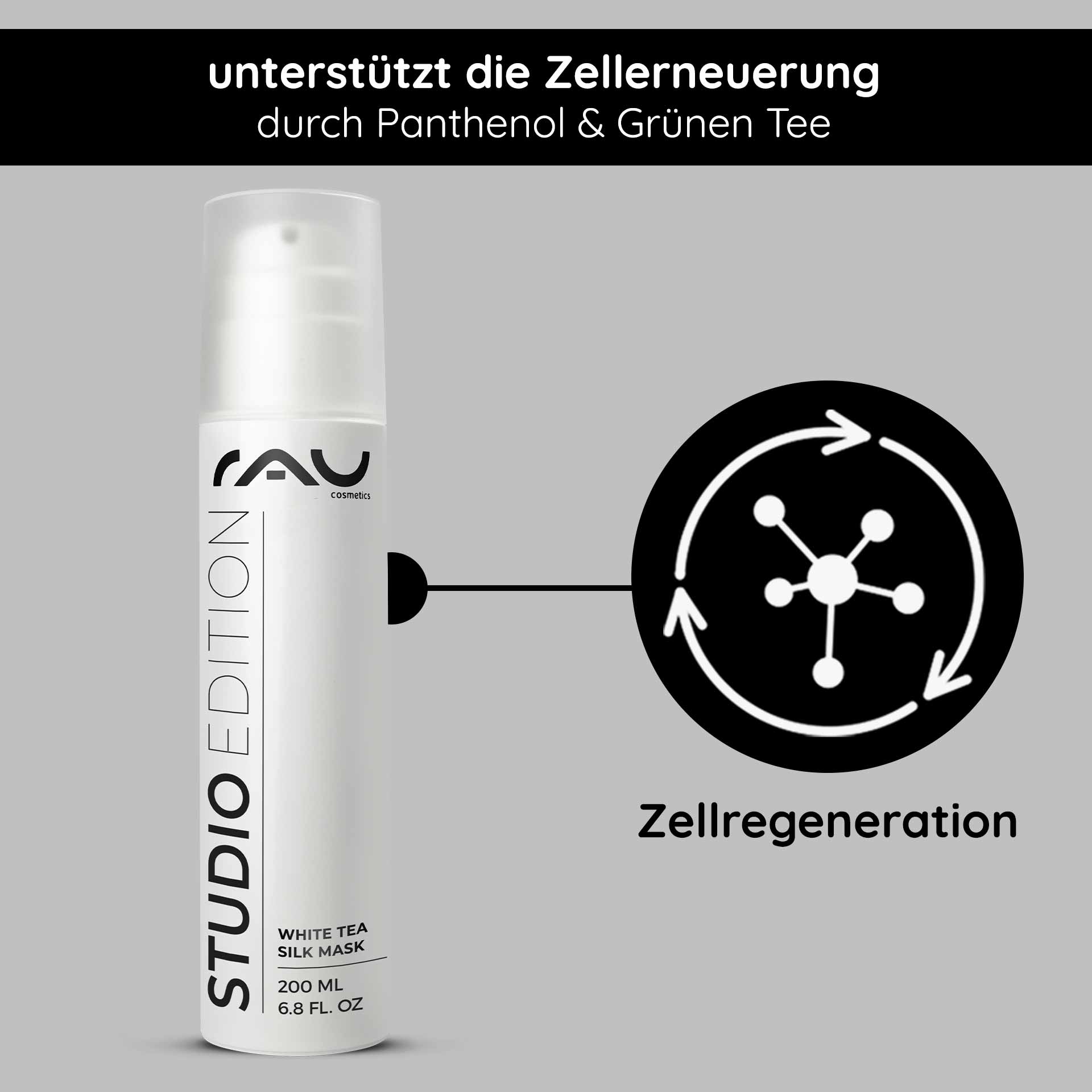 Mascarilla de Seda Té Blanco 200 ml Rich Cream & Mask RAU White Tea Silk Mask, 200-ml-Flasche mit Text, der die durch Panthenol und grünen Tee unterstützte Zellregeneration hervorhebt, auf grauem Hintergrund.