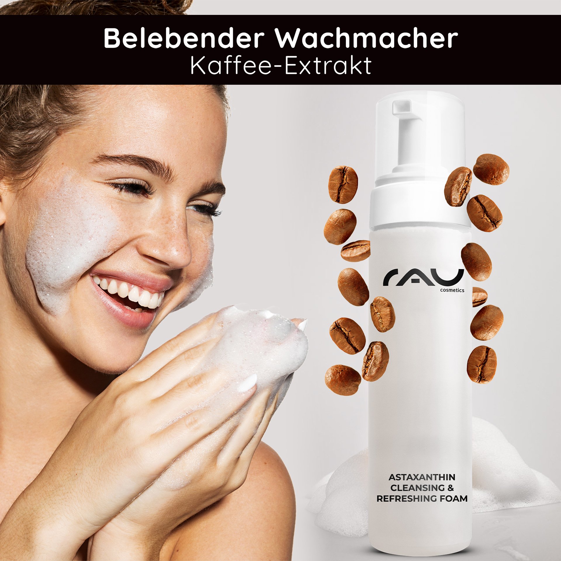 Mujer con piel cuidada tras la limpieza con RAU Astaxanthin Cleansing Foam