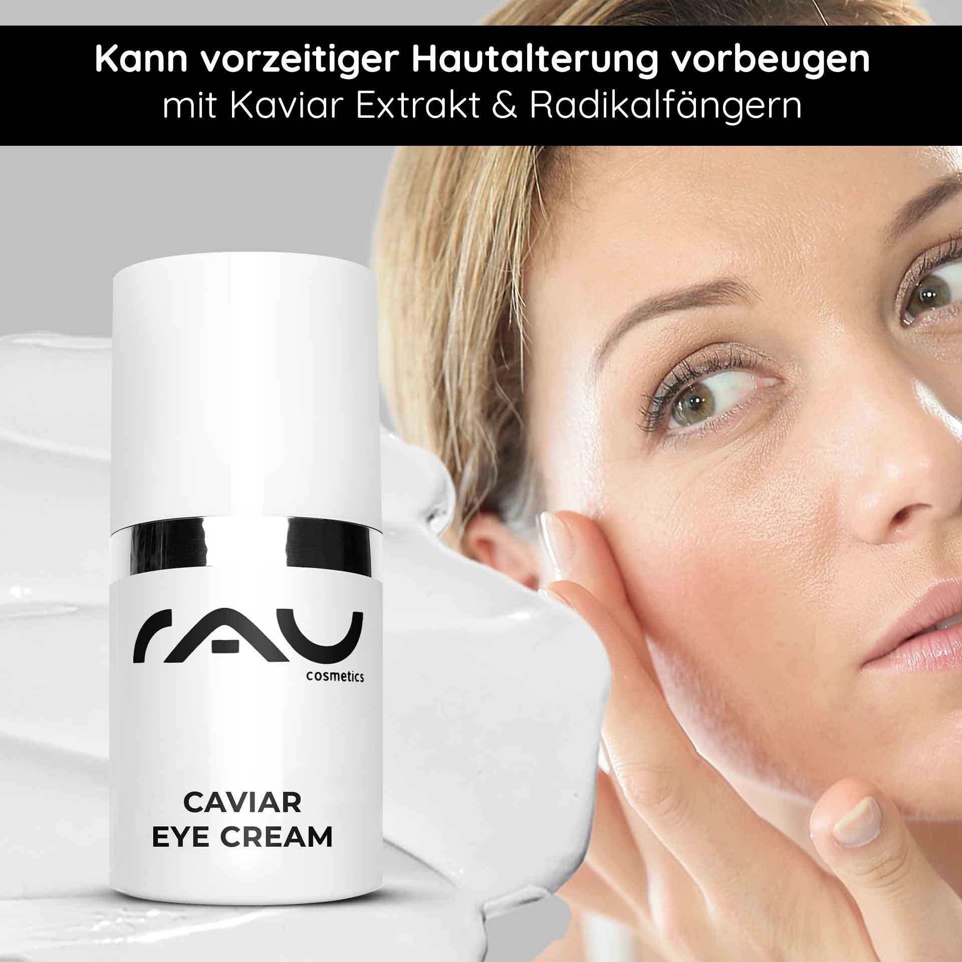 Verpackung der RAU Cosmetics Caviar Eye Cream mit Anti-Aging-Vorteilen. Abgebildet ist eine Frau, die die Creme auf ihr Gesicht aufträgt und dabei die Feuchtigkeitsversorgung und Hautverjüngung betont.