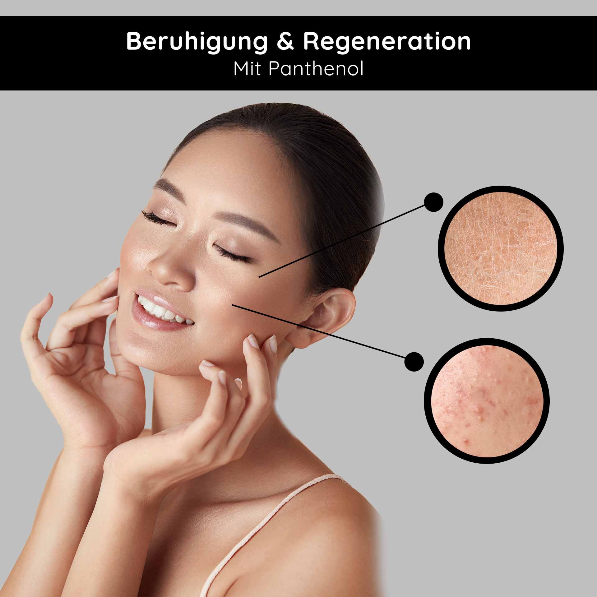 Frau mit geschlossenen Augen und sanftem Lächeln, die ihre Wangen berührt, umgeben von Hauttexturen, die Hautberuhigung und Regeneration mit Panthenol symbolisieren.