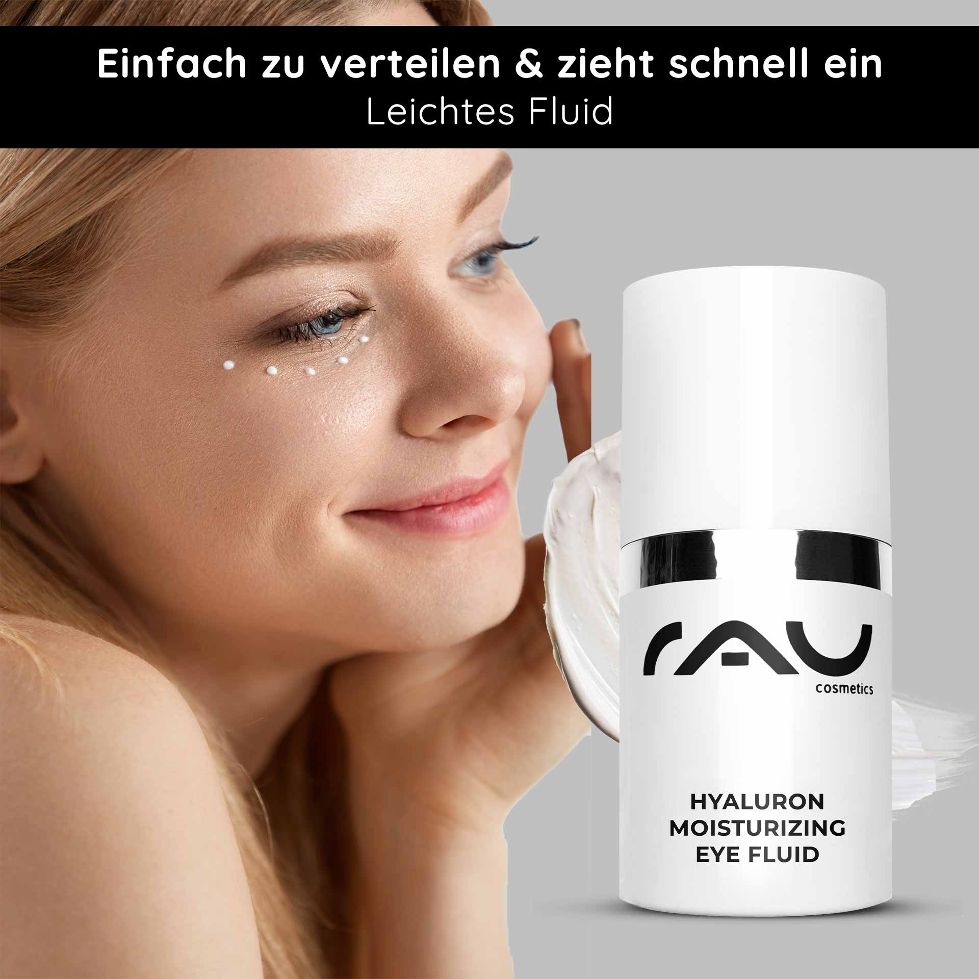 Hyaluron Moisturizing Eye Fluid 15 ml Moisturizing Gel Frau mit Hyaluron Moisturizing Eye Fluid von RAU Cosmetics, aufgetragen unter dem Auge, betont die feuchtigkeitsspendenden Eigenschaften des Produkts für trockene Haut.