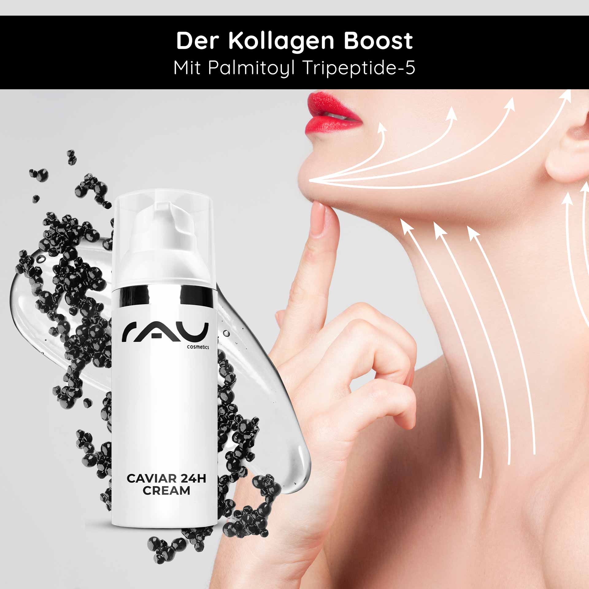 Caviar 24h Cream 50 ml Skin Care with Caviar Extract Caviar 24h Cream von RAU Cosmetics mit Palmitoyl Tripeptide-5, mit Schwerpunkt auf Kollagen-Boost und feuchtigkeitsspendender Wirkung, gezeigt wird ein Model, das Creme auf ihren Hals aufträgt.
