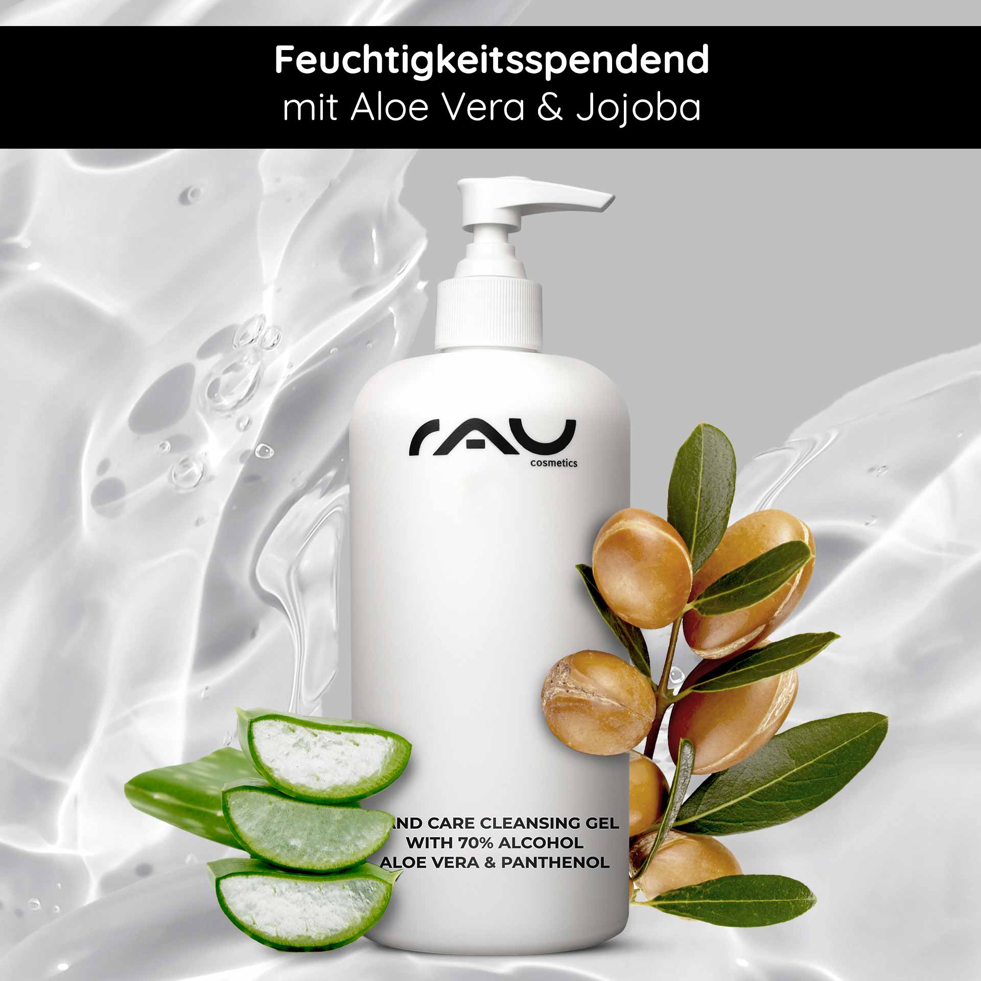 Gel Limpiador de Manos 500 ml Desinfección y Cuidado Flasche mit Pumpe für das Handpflege-Reinigungsgel von RAU Cosmetics mit Aloe Vera und Jojoba, umgeben von Aloe-Scheiben und Öltröpfchen, die die feuchtigkeitsspendenden und desinfizierenden Eigenschaften betonen.