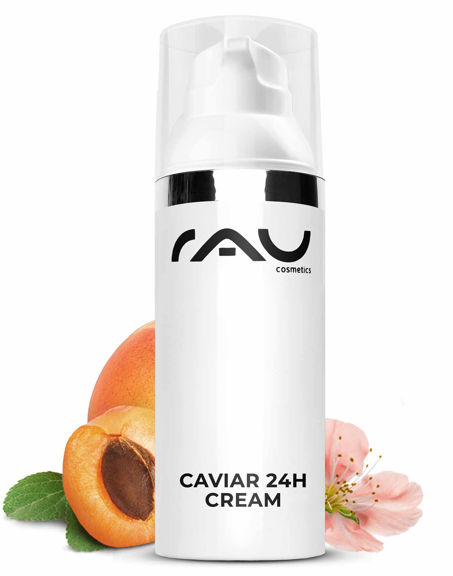 Caviar 24h Cream 50 ml Skin Care with Caviar Extract Flasche der RAU Cosmetics Caviar 24h Cream mit Aprikosen- und Blumenakzenten, die die Anti-Aging-Eigenschaften und die feuchtigkeitsspendende Wirkung hervorhebt.