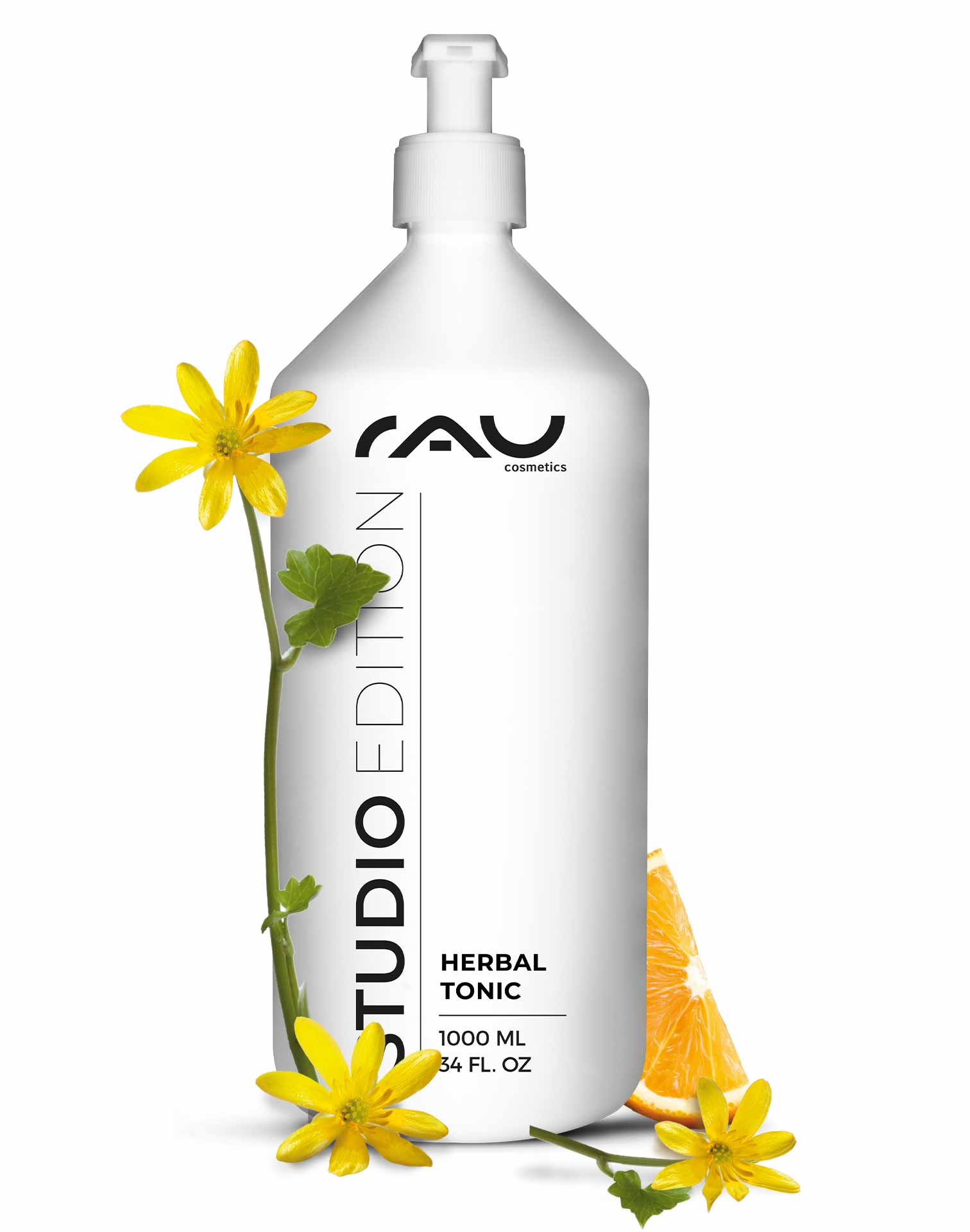 Beyond Herbal Tonic 1000 ml Facial Toner Nature RAU Cosmetics Beyond Herbal Tonic 1000 ml Flasche mit Pumpe, mit gelben Blüten und Orangenscheibe, betont alkoholfreie, sanfte Reinigung für empfindliche Haut.
