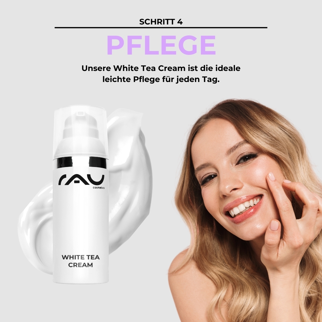 Rutina de cuidados avanzados para pieles normales White Tea Cream von RAU Cosmetics mit einer lächelnden Frau, die sie auf ihr Gesicht aufträgt und die Hautpflegeroutine für normale Haut betont.