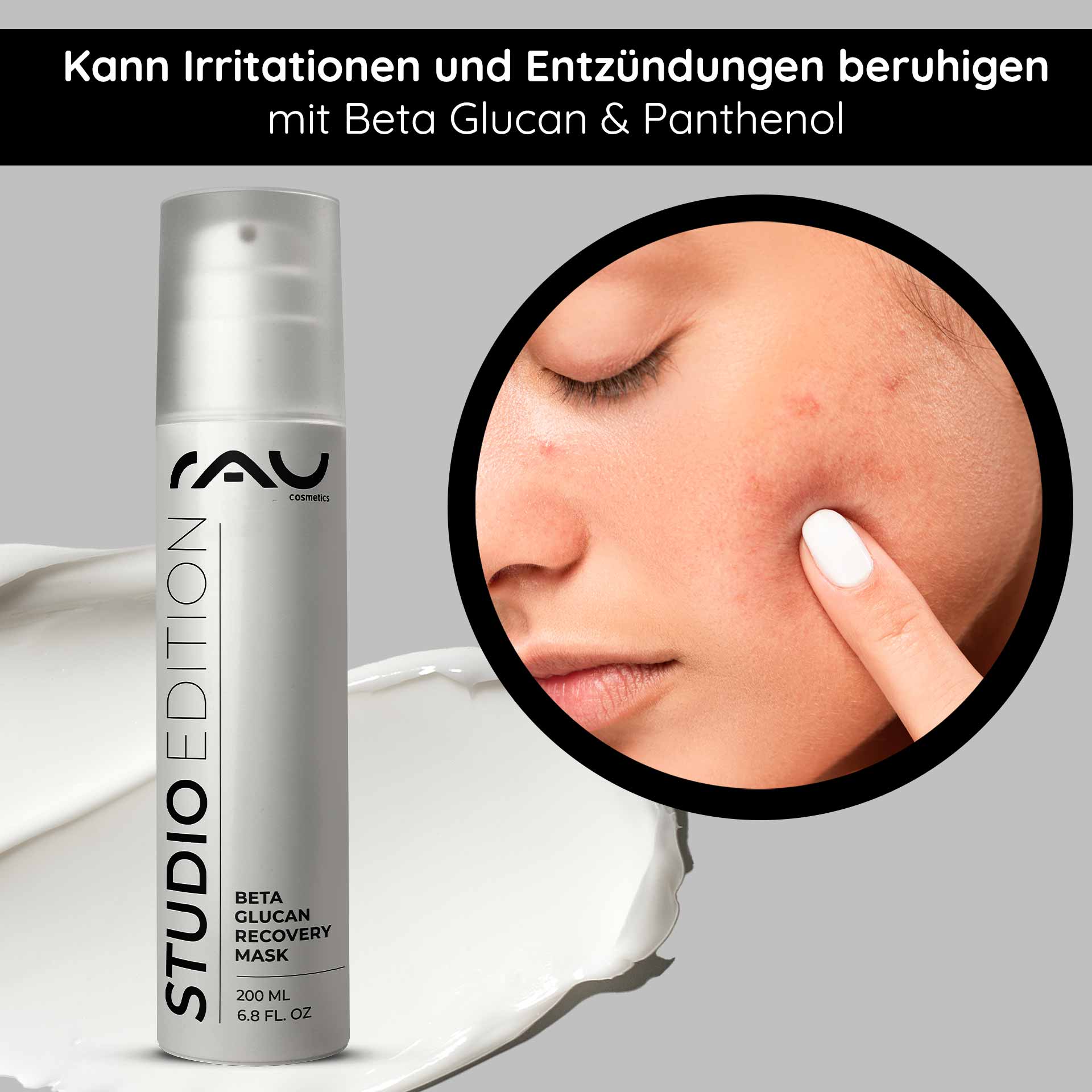 Beta Glucan Recovery Mask 200 ml Mask for Irritated Skin RAU Beta Glucan Recovery Mask 200 ml in silberner Verpackung, die die beruhigende Wirkung auf gereizte Haut hervorhebt; Nahaufnahme des Gesichts eines Models mit Akne und Auftragen der Maske.