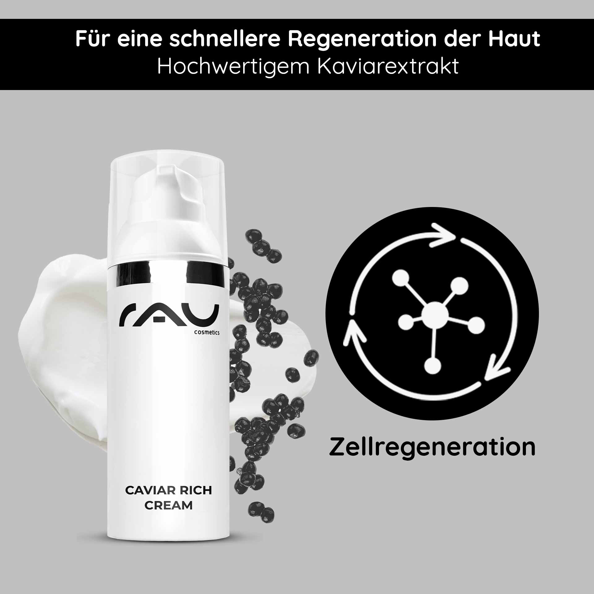 Crema rica de caviar 50 ml Crema rica antiedad Verpackung der RAU Cosmetics Caviar Rich Cream mit Kaviarextrakt, die die Hautregeneration und Anti-Aging-Vorteile betont und über eine Cremetextur und Markenelemente verfügt.