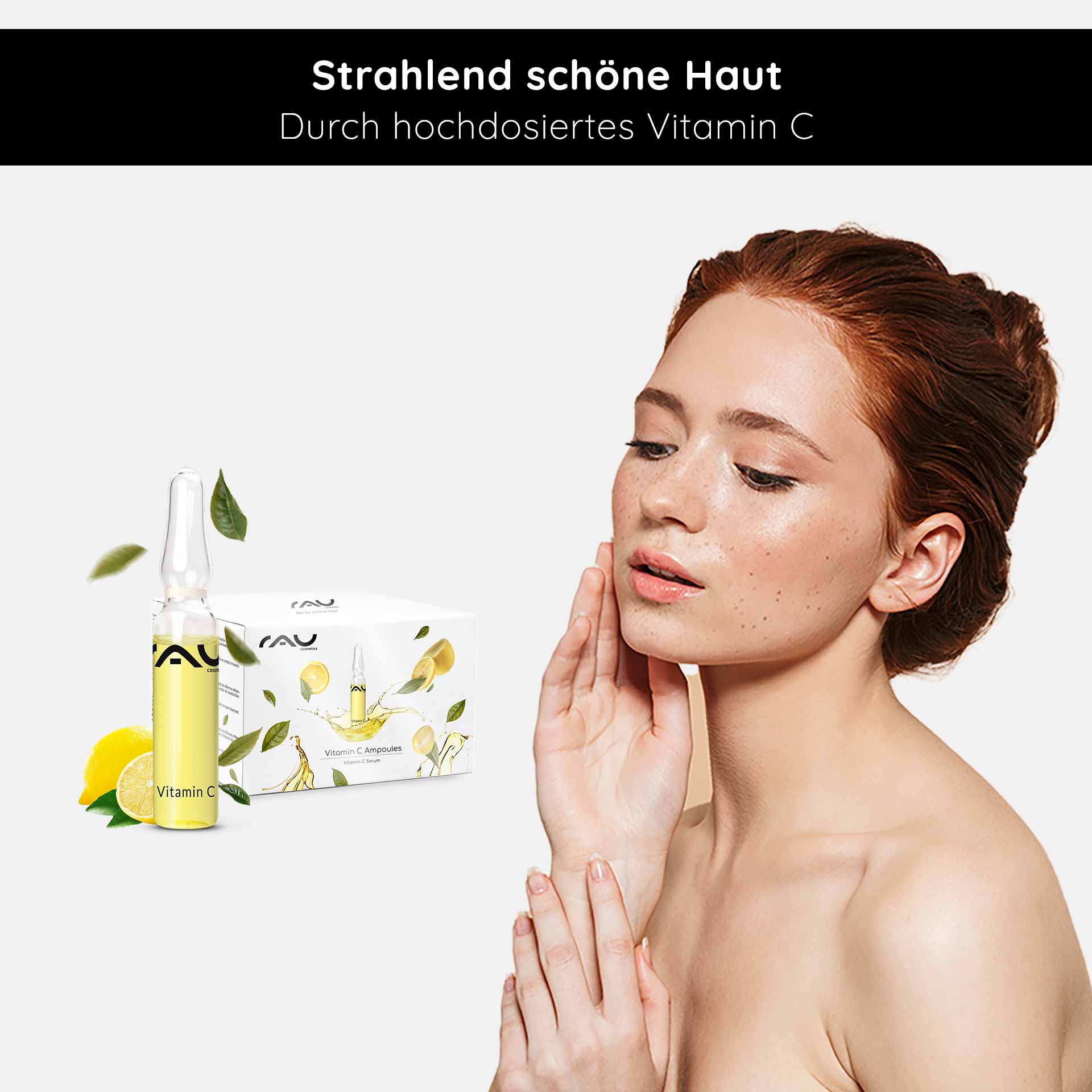 Ampollas de Vitamina C 14x2 ml para pieles maduras y con imperfecciones Vitamin-C-Ampulle von RAU Cosmetics mit Modell, das die Anwendung der Hautpflege demonstriert, strahlende Haut fördert und die Produktvorteile hervorhebt.