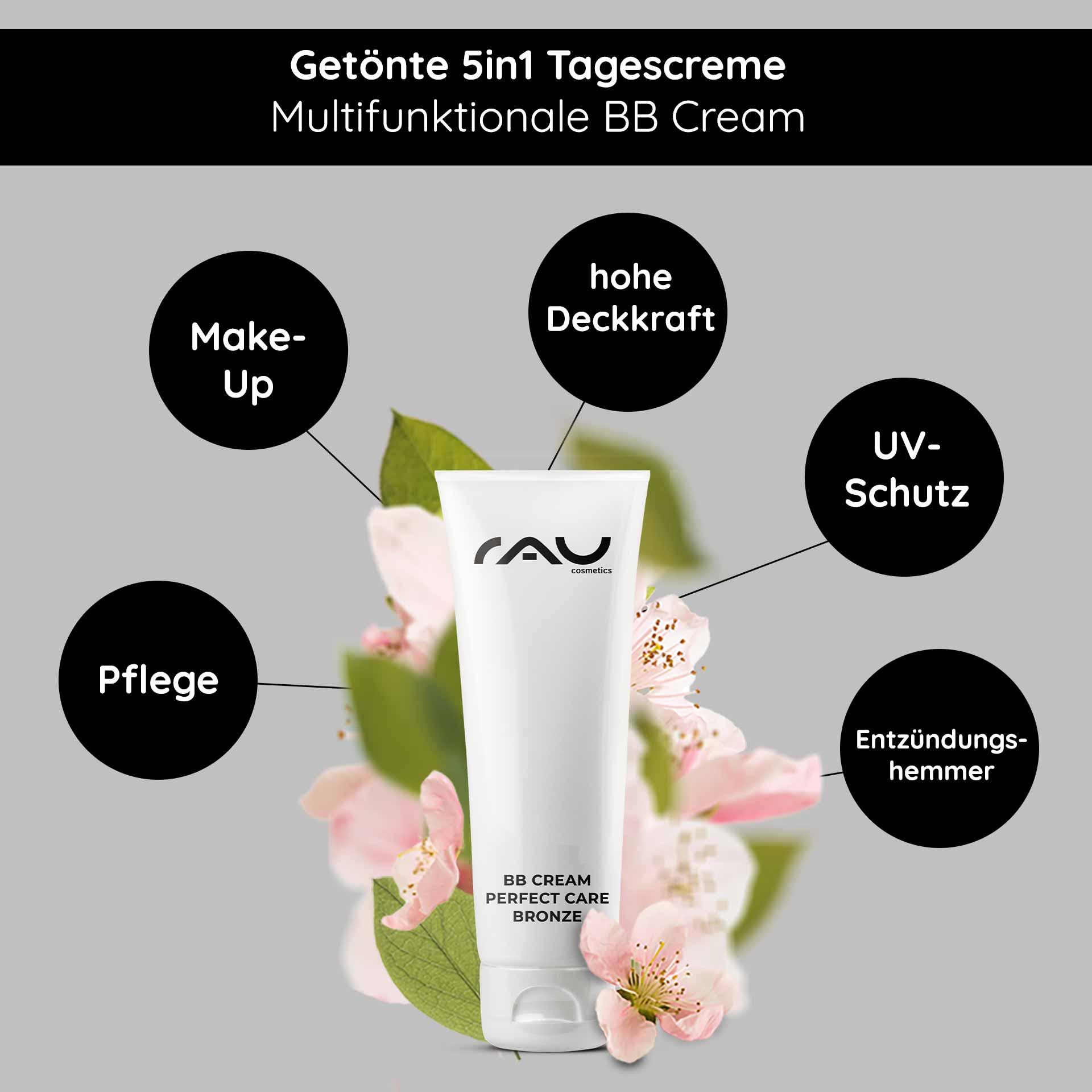 BB Cream Perfect Care Bronze 75 ml SPF12 Make-up & Care RAU BB Cream Perfect Care Bronzene Tube, umgeben von Blumen, die multifunktionale Vorteile hervorhebt: hohe Deckkraft, UV-Schutz, Hautpflege und entzündungshemmende Eigenschaften.