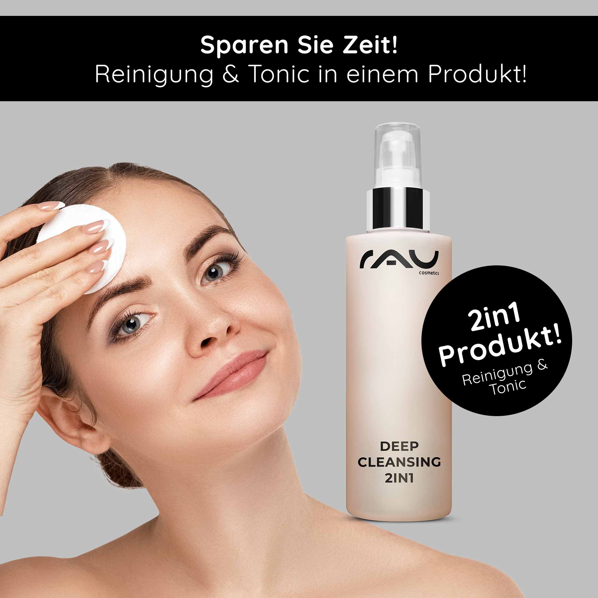 Limpieza Profunda 2en1 200 ml Tónico Facial 2en1 Frau mit Wattepad, das Gesicht reinigend, neben Flasche von RAU Cosmetics Deep Cleansing 2in1, Betonung auf Reinigung und Tonic in einem Produkt.