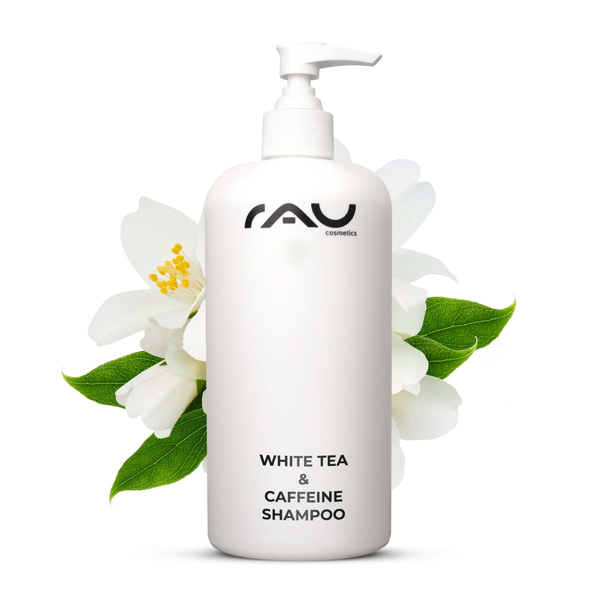 Gel de Ducha Té Blanco y Remolacha Azucarera 500 ml Gel de Ducha Weißes Tee- und Koffein-Shampoo von RAU Cosmetics in einer eleganten Flasche, umgeben von blühenden Pflanzen, symbolisiert intensive Pflege und Frische für gesundes, voluminöses Haar.