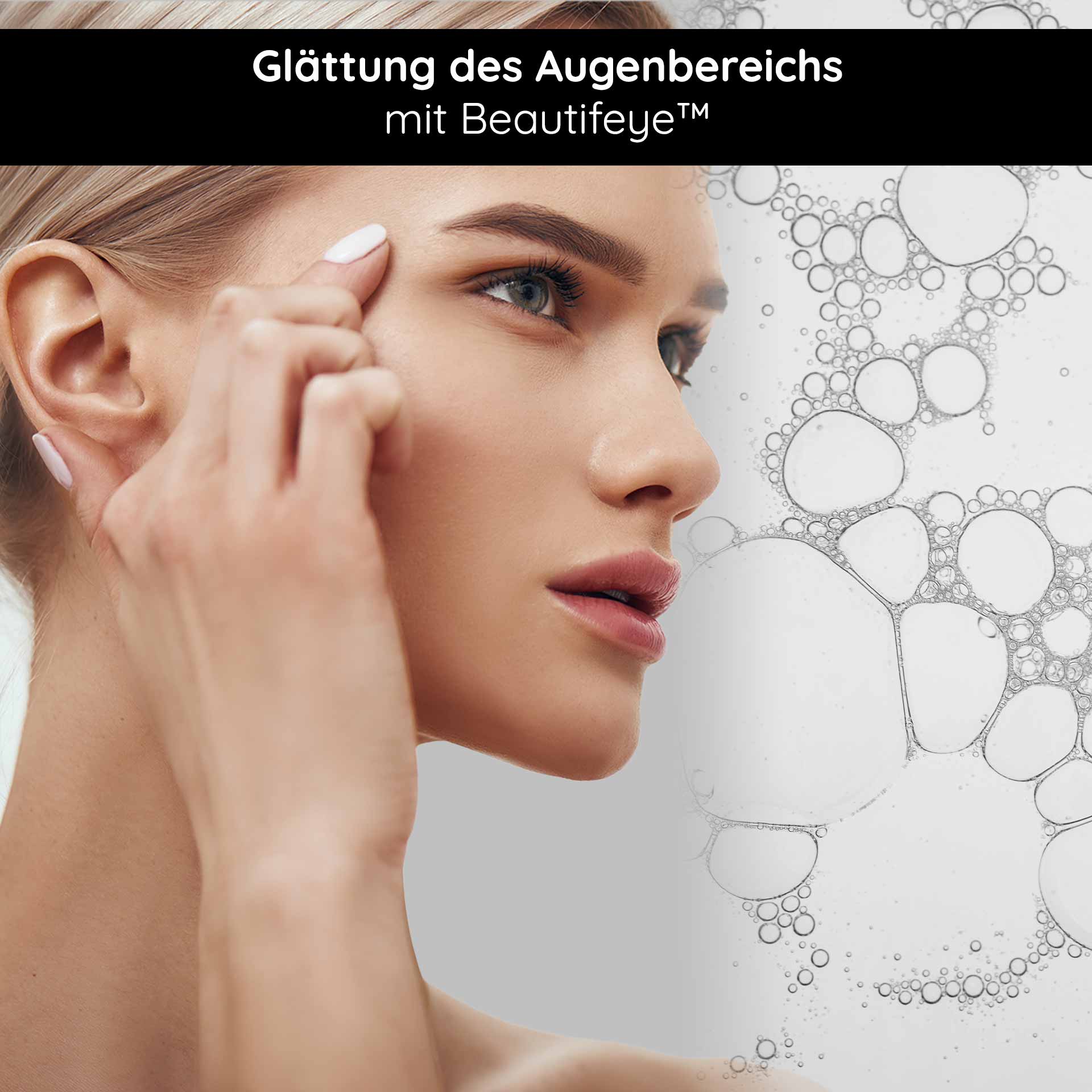 Eye Lifting Ampoules 10x2 ml with Eyeseryl & Panthenol Frau mit glatter Haut im Augenbereich, zeigt Anwendung von Beautifeye™ zur Reduzierung von Augenfältchen, Tränensäcken und Augenringen.