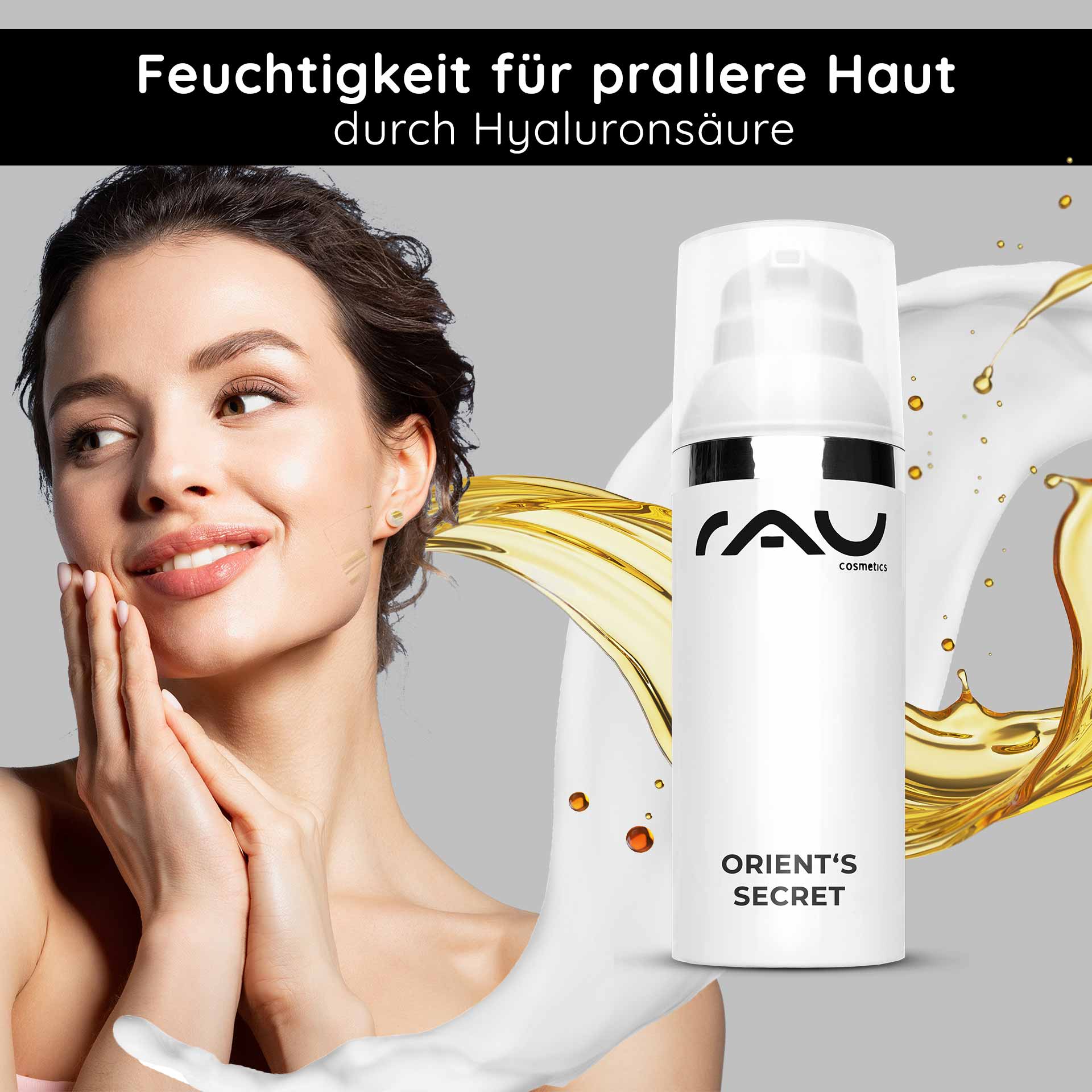 Orient's Secret 50 ml con Amnethyst Powder Feuchtigkeitsspendende Gesichtscreme Orient's Secret von RAU Cosmetics, mit Hyaluronsäure, goldener Ölfluss, Model berührt sanft ihr Gesicht, für pralle und geschmeidige Haut.