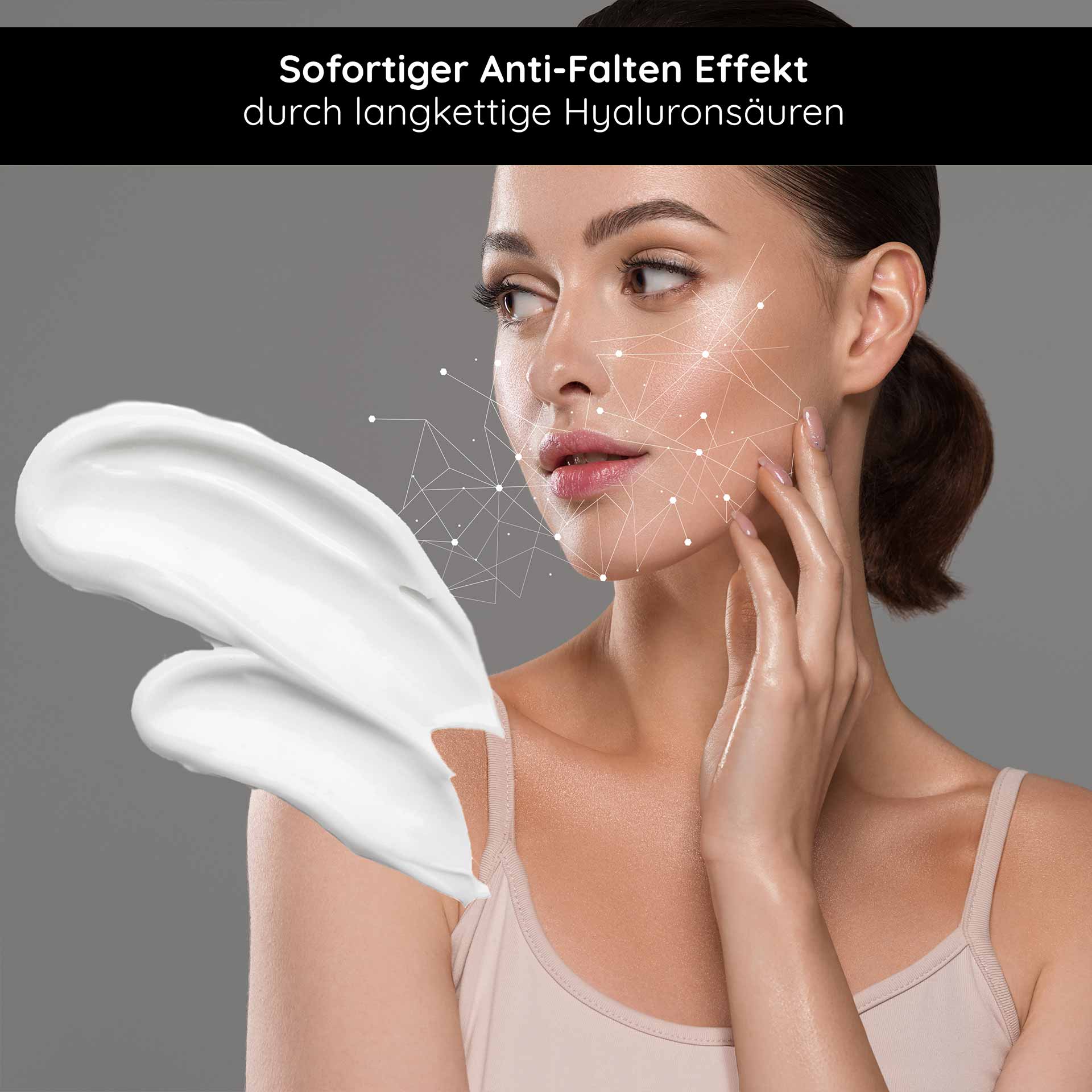 Hyaluron 24h Crema 50 ml Hyaluron Crema de Cuidado Zarte Gesichtscreme mit sofortigem Anti-Falten-Effekt, Anwendung von langkettigen Hyaluronsäuren, aufgetragen auf das Gesicht einer Frau, die sanft ihre Haut berührt.