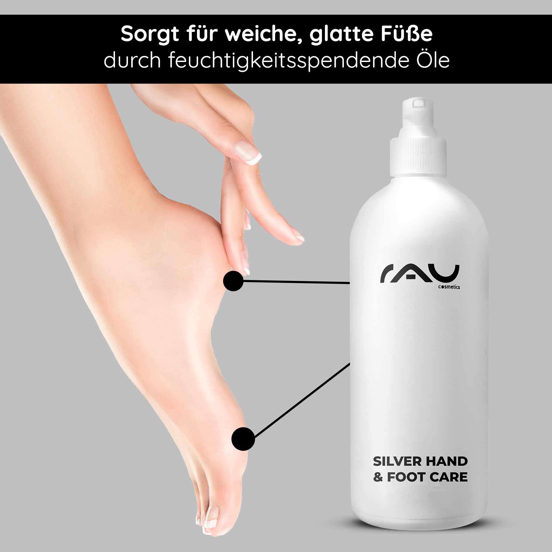 Silver Hand & Foot Care 500 ml para Crema de Manos y Pies Händchen hält Fuß mit glatter Haut neben RAU Cosmetics Silver Hand & Foot Care Flasche, betont feuchtigkeitsspendende Öle für weiche Füße.