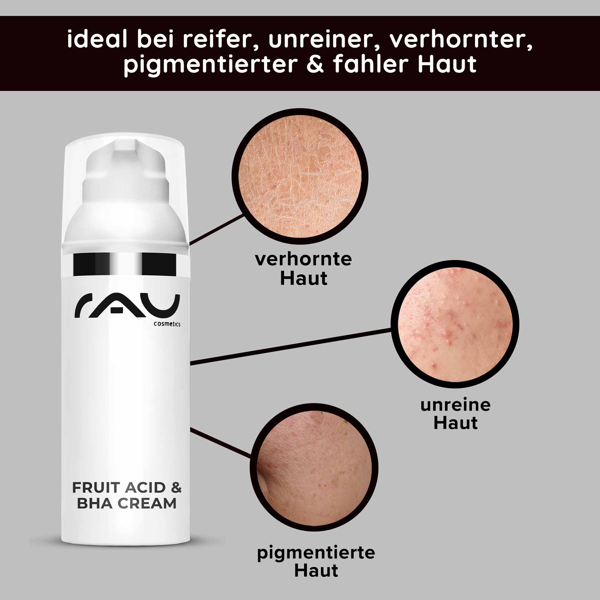 Fruit Acid & BHA Cream 50 ml - BHA Fruit Acid Cream Verpackung der RAU Cosmetics Fruit Acid & BHA Cream mit hervorgehobenen Hauttypen: verhornte, unreine, pigmentierte und fahle Haut, mit Betonung der Vorteile für reife und problematische Haut.