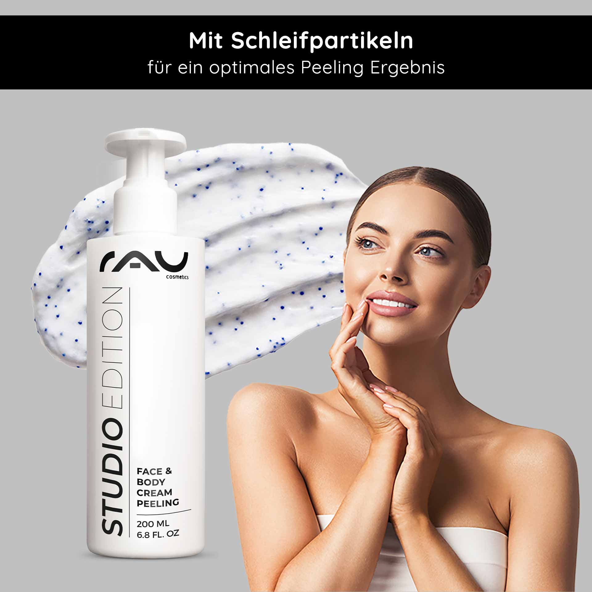 Face & Body Cream Peeling 200 ml Mechanical Peeling RAU Cosmetics Studio Edition Face & Body Cream Peeling 200 ml Kabinenware – mechanisches Gesicht- und Körperpeeling mit natürlichen Schleifpartikeln, Lecithin, Mandelöl, Allantoin und Panthenol für geschmeidige Haut“