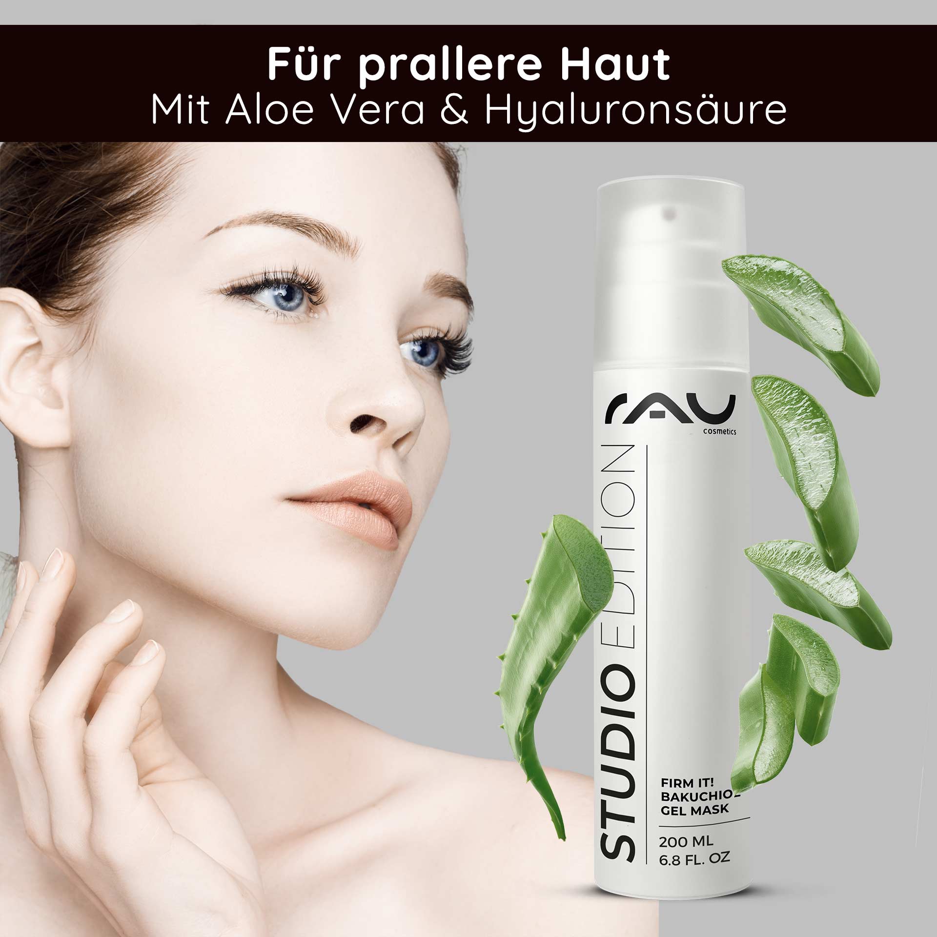 Firm it! Bakuchiol Gel Mask 200 ml Anti Aging & Moisture Frau mit strahlender Haut und Aloe Vera, präsentiert die RAU Firm it! Bakuchiol Gel Mask, 200 ml, für feuchtigkeitsspendende und hautstraffende Pflege.