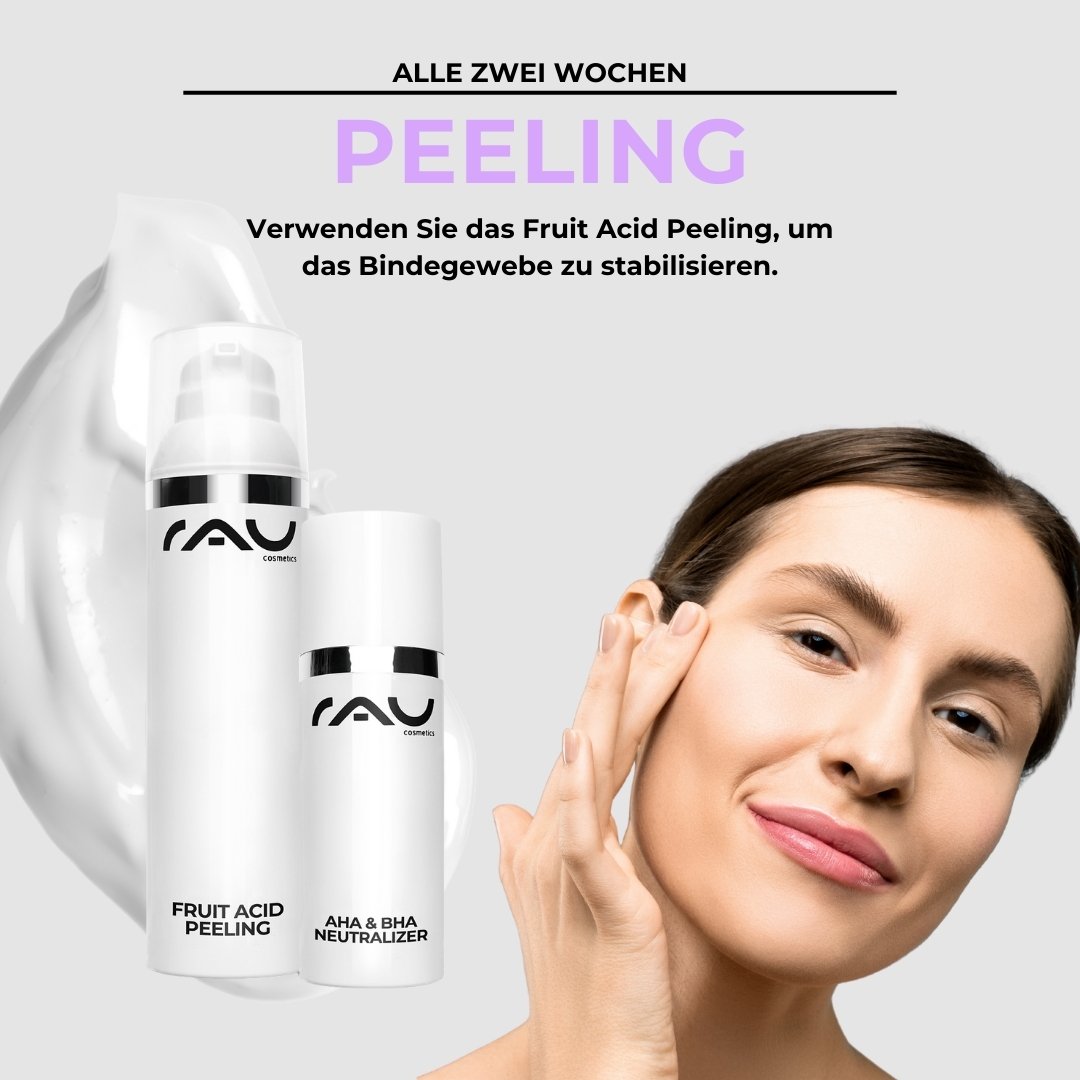 Frau mit glattem Teint, die AHA- und BHA-Neutralisierer sowie Fruchtsäurepeeling von RAU Cosmetics anwendet, um Couperose zu behandeln.