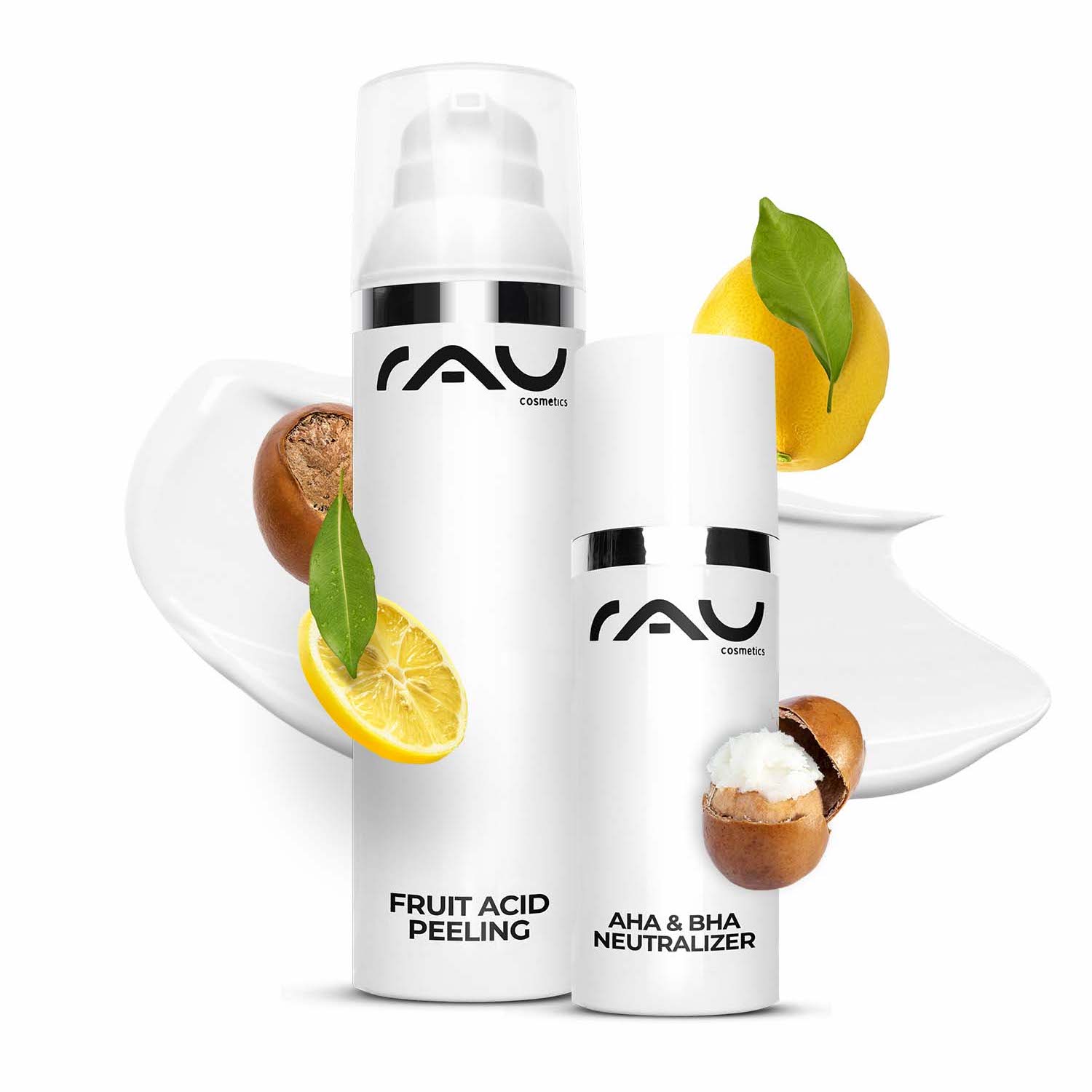 Fruit Acid Peeling 100 ml fruit acid peeling with BHA Flaschen mit Fruchtsäurepeeling und AHA & BHA-Neutralisator von RAU Cosmetics mit Zitrone und Macadamianüssen, die natürliche Hautpflegebestandteile für ein effektives Peeling und eine Hautverjüngung hervorheben.