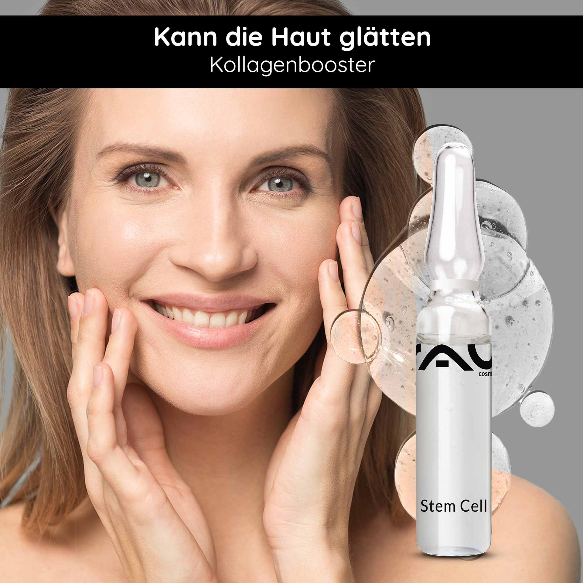 Mujer sonriente con ampolla Stem Cell de RAU.
