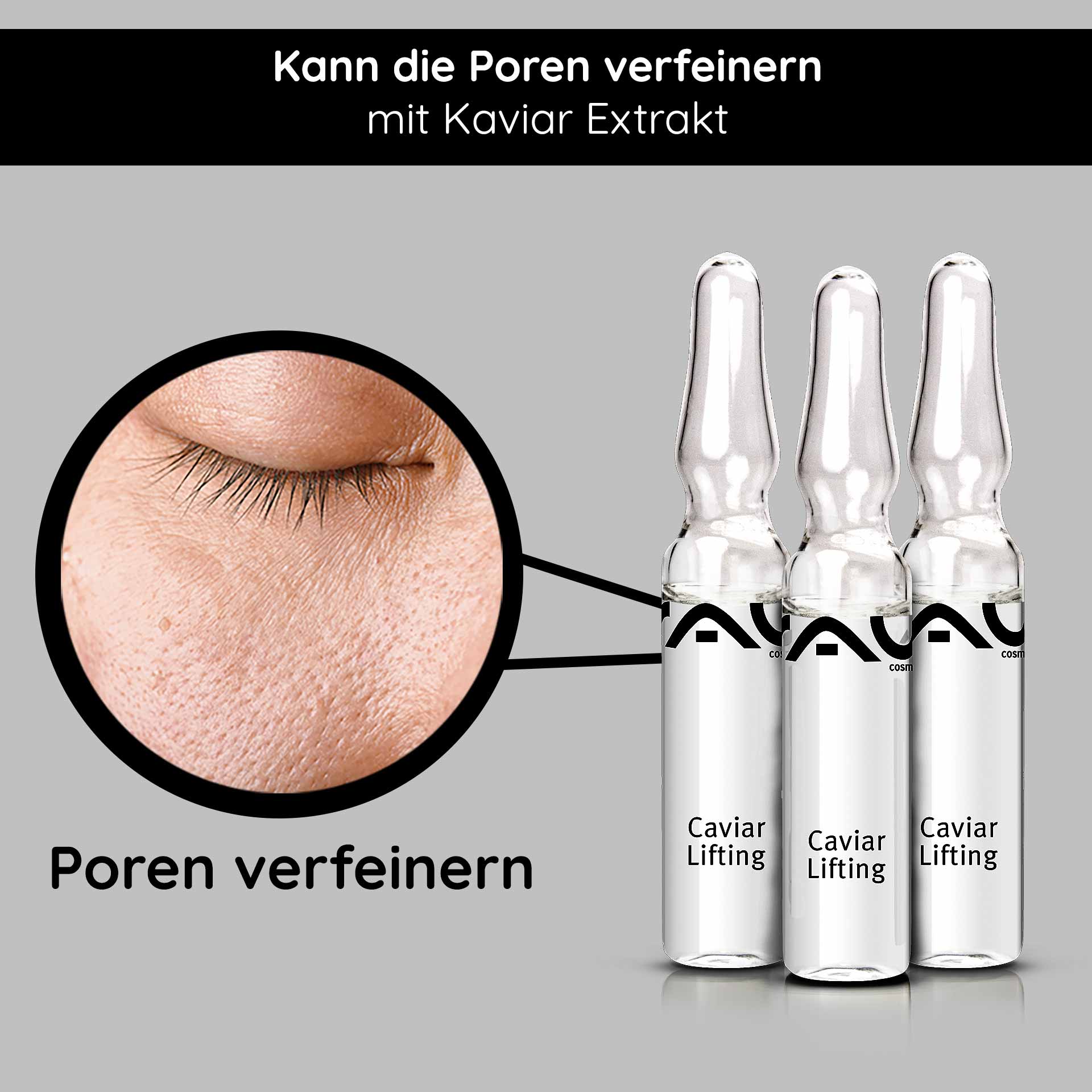Caviar Lifting Ampoules 10x2 ml Anti-Aging & Reproage Caviar Lifting Ampullen von RAU Cosmetics, mit Vergrößerung eines Hautbereichs, der die Porenverfeinerung zeigt, und Text "Kann die Poren verfeinern mit Kaviar Extrakt".