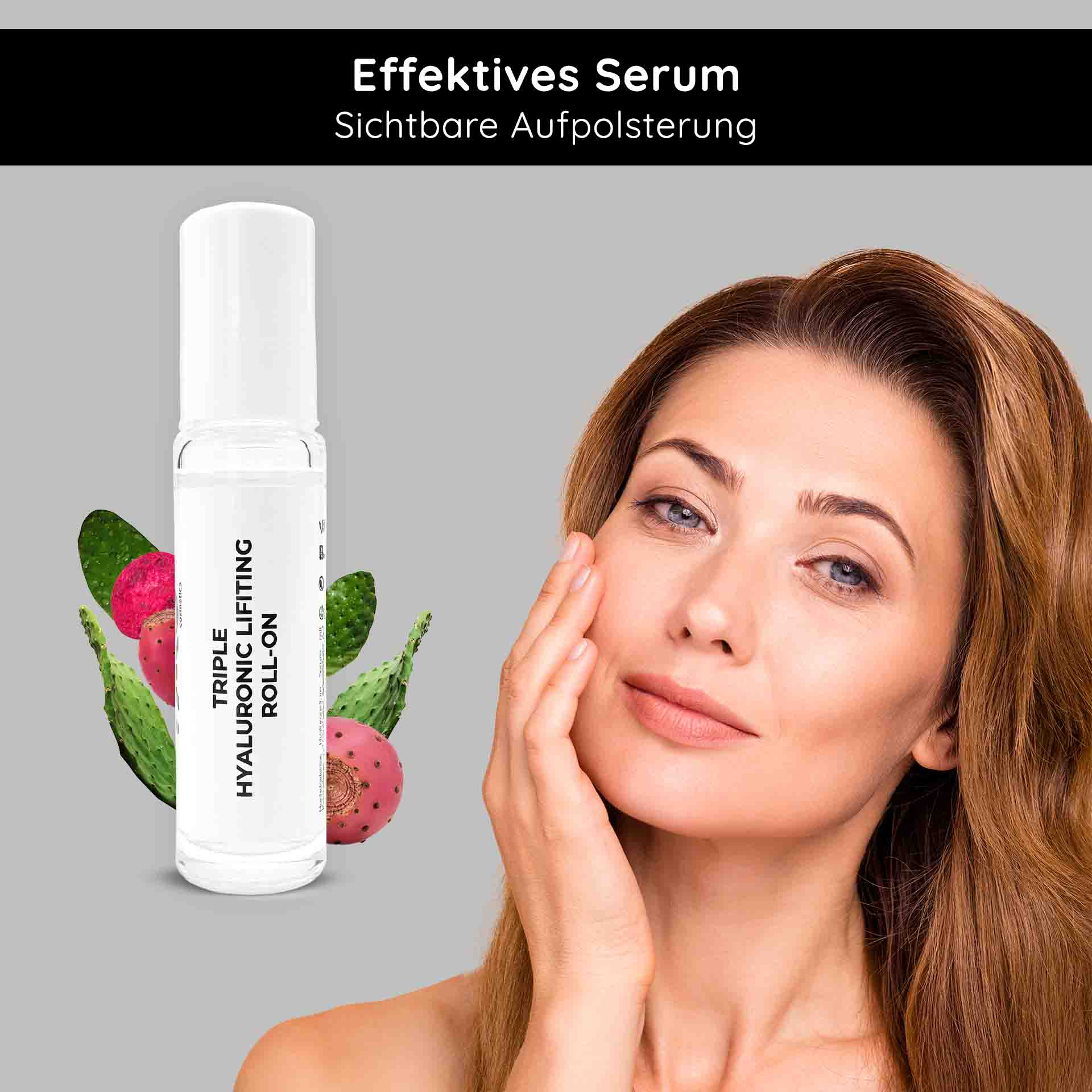 Ampollas de Higo chumbo 10x2 ml 3 veces Ácidos Hialurónicos Dreifach-Hyaluron-Lifting-Serum-Roll-On 10 ml mit einer Frau, die Serum auf ihr Gesicht aufträgt, umgeben von Kaktusfrüchten, wodurch die effektiven Anti-Aging- und Feuchtigkeitsvorteile hervorgehoben werden.