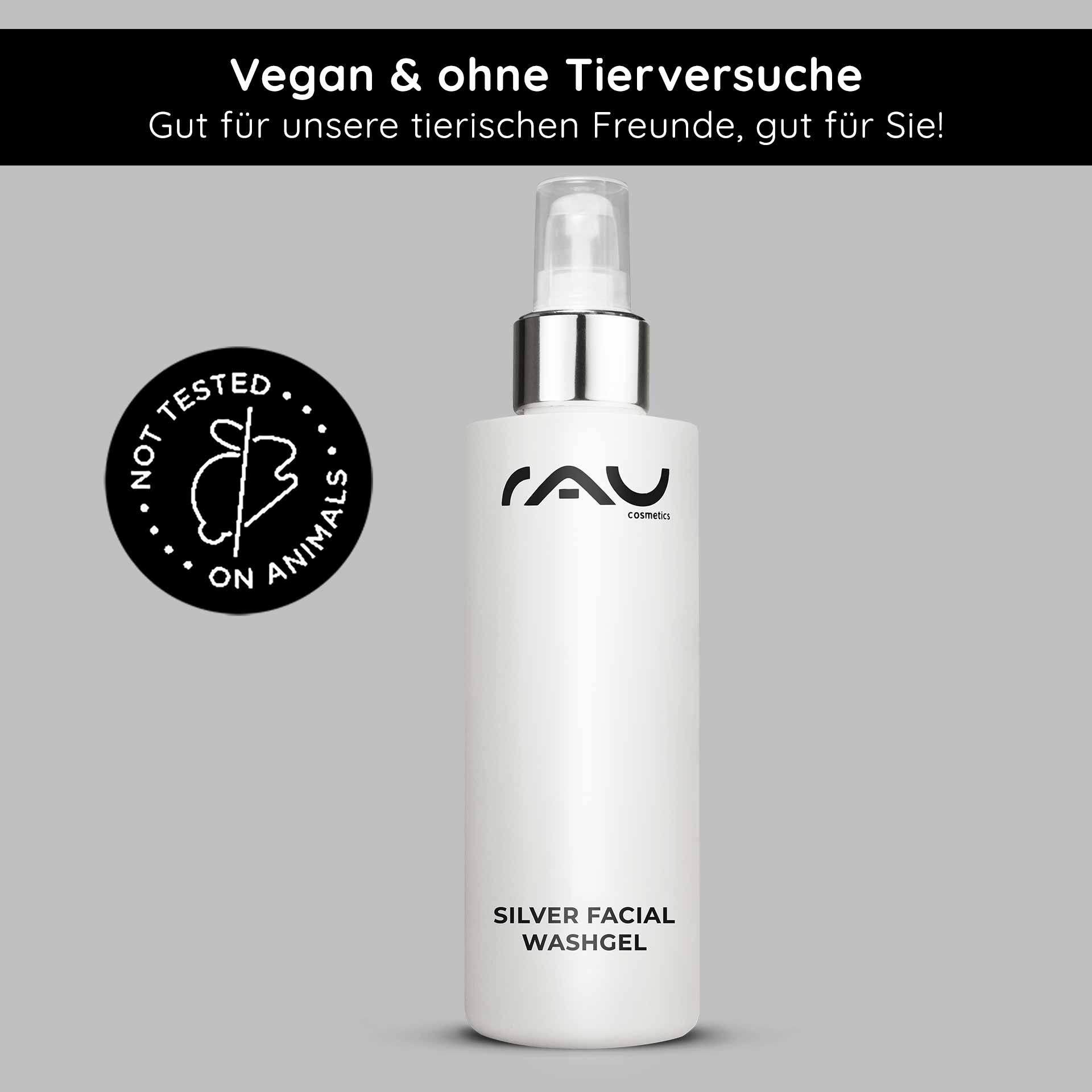Silver Facial Washgel 200 ml Microsilver Cleanser Silberne Gesichtswaschgelflasche von RAU Cosmetics mit schlankem Design und Pumpspender, gekennzeichnet als vegan und nicht an Tieren getestet, was die Vorteile für die Gesichtsreinigung unterstreicht.