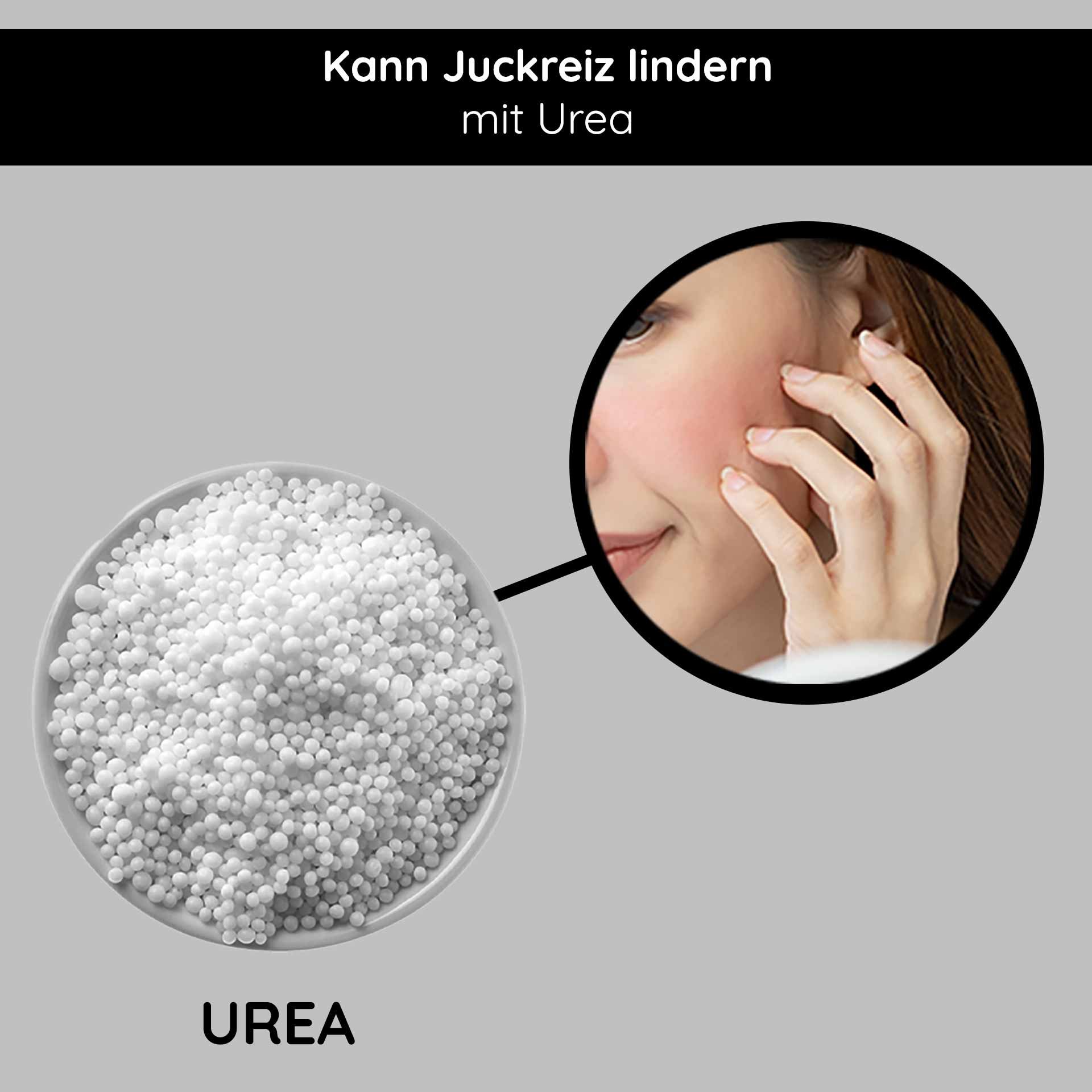 Urea in a bowl with a close-up of a woman applying it to her cheek, highlighting its benefits in relieving itching and improving skin moisture.