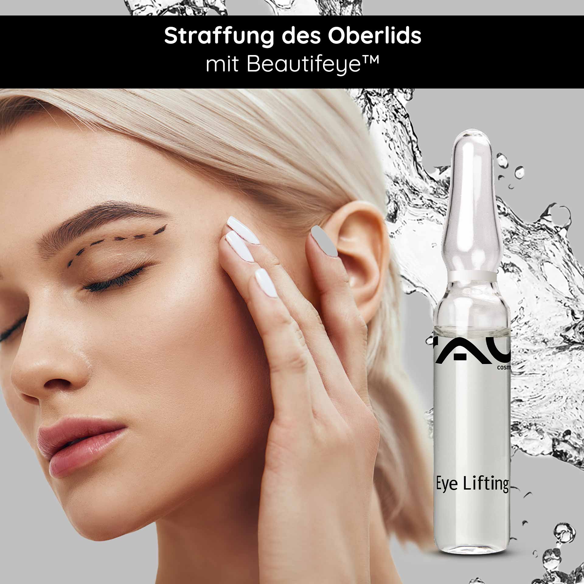 Frau mit geschlossenen Augen, die sanft ihre Augenpartie berührt, neben einer Eye Lifting Ampulle von RAU Cosmetics, mit Text "Straffung des Oberlids mit Beautifeye™".