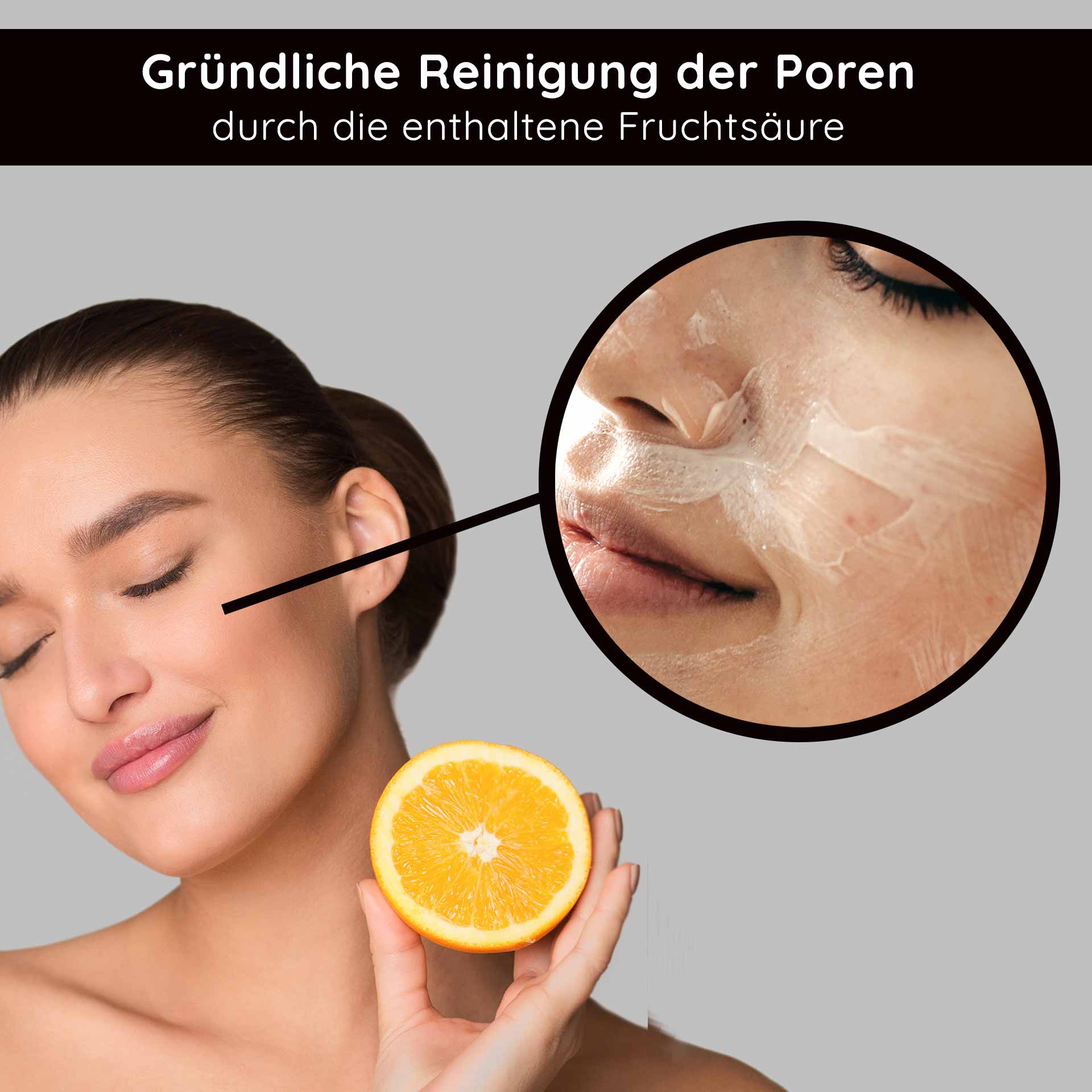 Cleansing Lotion 200 ml - thorough cleansing lotion Frau mit frischer Haut und einer Orange, zeigt Gesichtsreinigung mit Fruchtsäure, unterstrichen durch den Text „Gründliche Reinigung der Poren durch die enthaltene Fruchtsäure“.