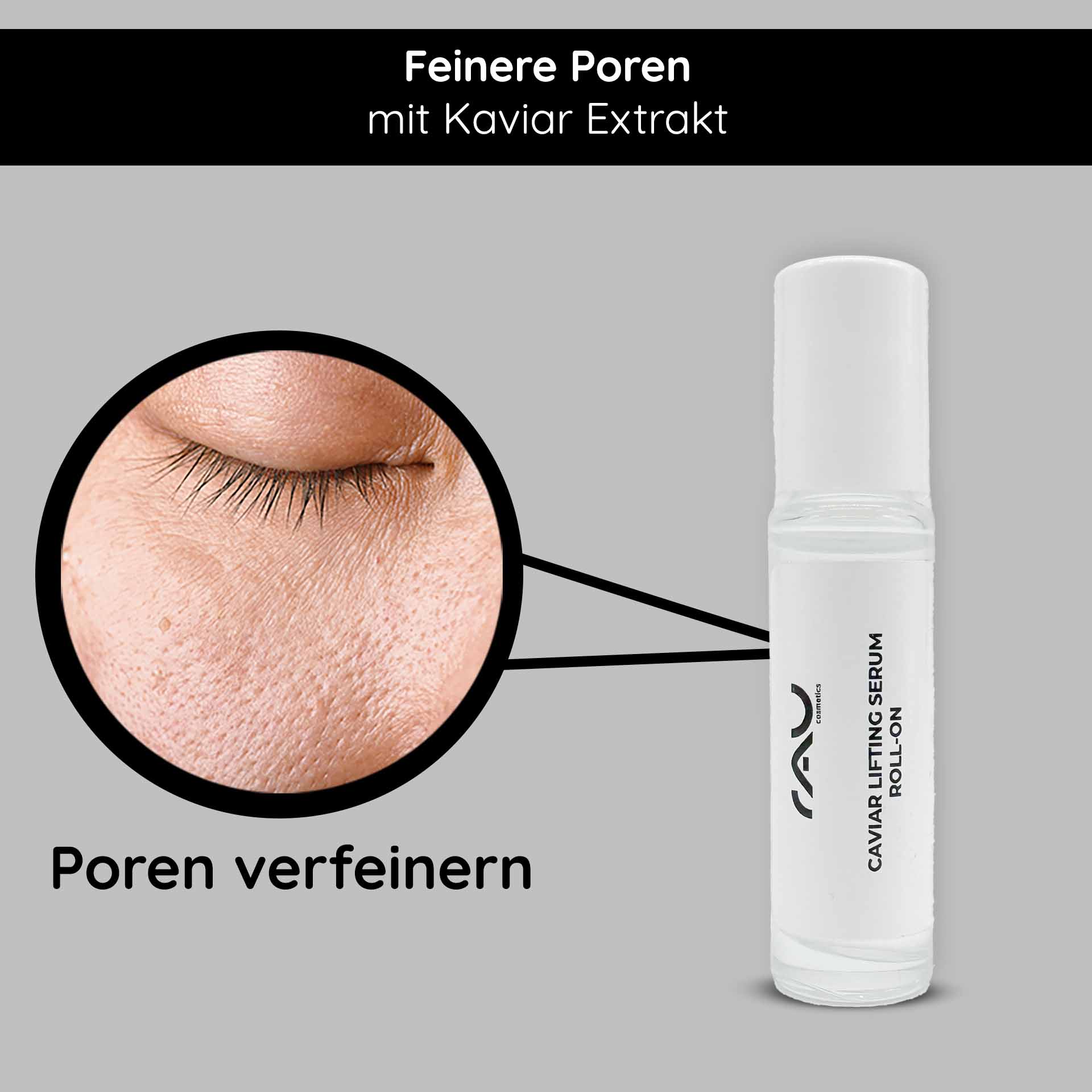 Caviar Lifting Serum 100 ml con Reproage y Extracto de Caviar RAU Cosmetics Caviar Lifting Serum Roll-On 5 ml in edler Verpackung – Anti-Aging-Serum mit Kaviarextrakt und Reproage™-Peptiden für reife Haut.