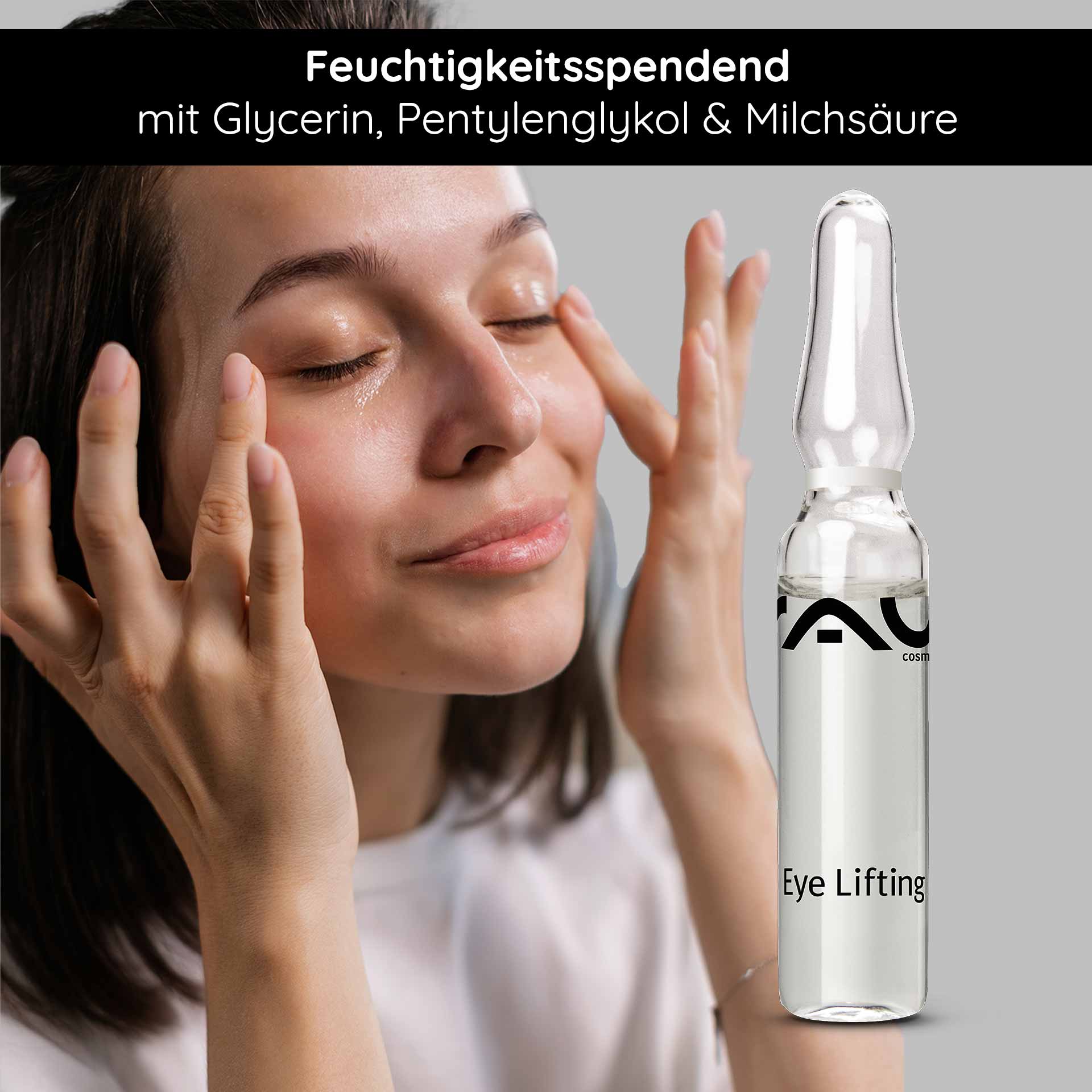 Eye Lifting Ampoules 10x2 ml with Eyeseryl & Panthenol Frau mit geschlossenen Augen und lächelndem Gesicht, die sanft eine RAU Cosmetics Eye Lifting Ampulle aufträgt, mit Fokus auf feuchtigkeitsspendende Inhaltsstoffe wie Glycerin und Pentylenglykol.