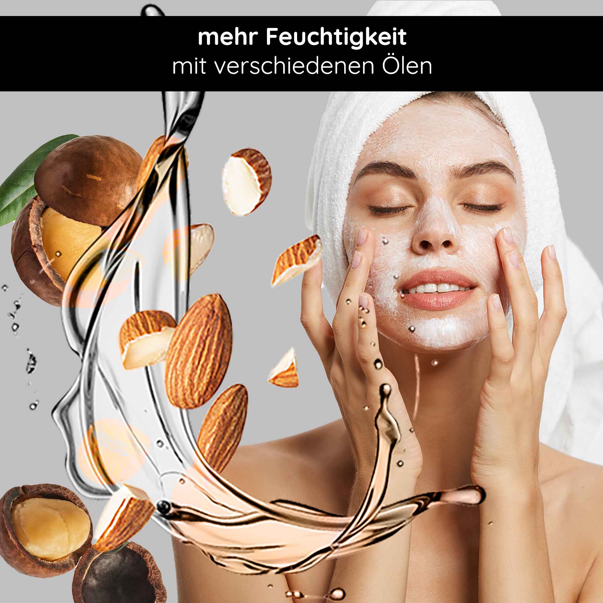 Beta Glucan Recovery Mask 200 ml Mascarilla para pieles irritadas Frau mit Hand im Gesicht, die Gesichtsmaske aufträgt, umgeben von Nüssen und Ölen, Text: "mehr Feuchtigkeit mit verschiedenen Ölen", visuelle Darstellung von Hautpflege und Feuchtigkeitspflege.