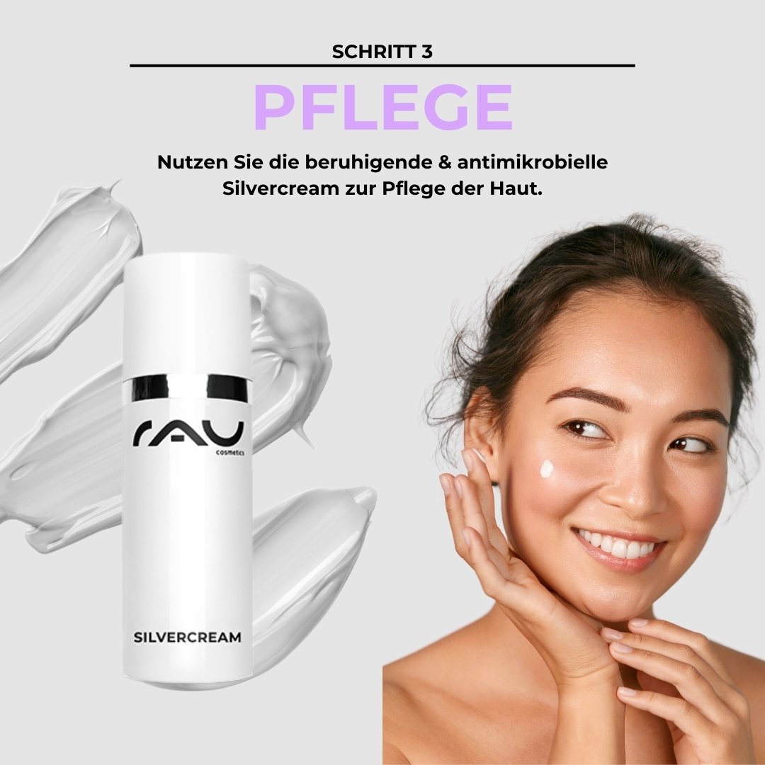 Woman with a radiant smile and applied Silver Cream facial care product from RAU Cosmetics, surrounded by gentle gray cream traces, step 3 of the basic care routine for neurodermatitis.