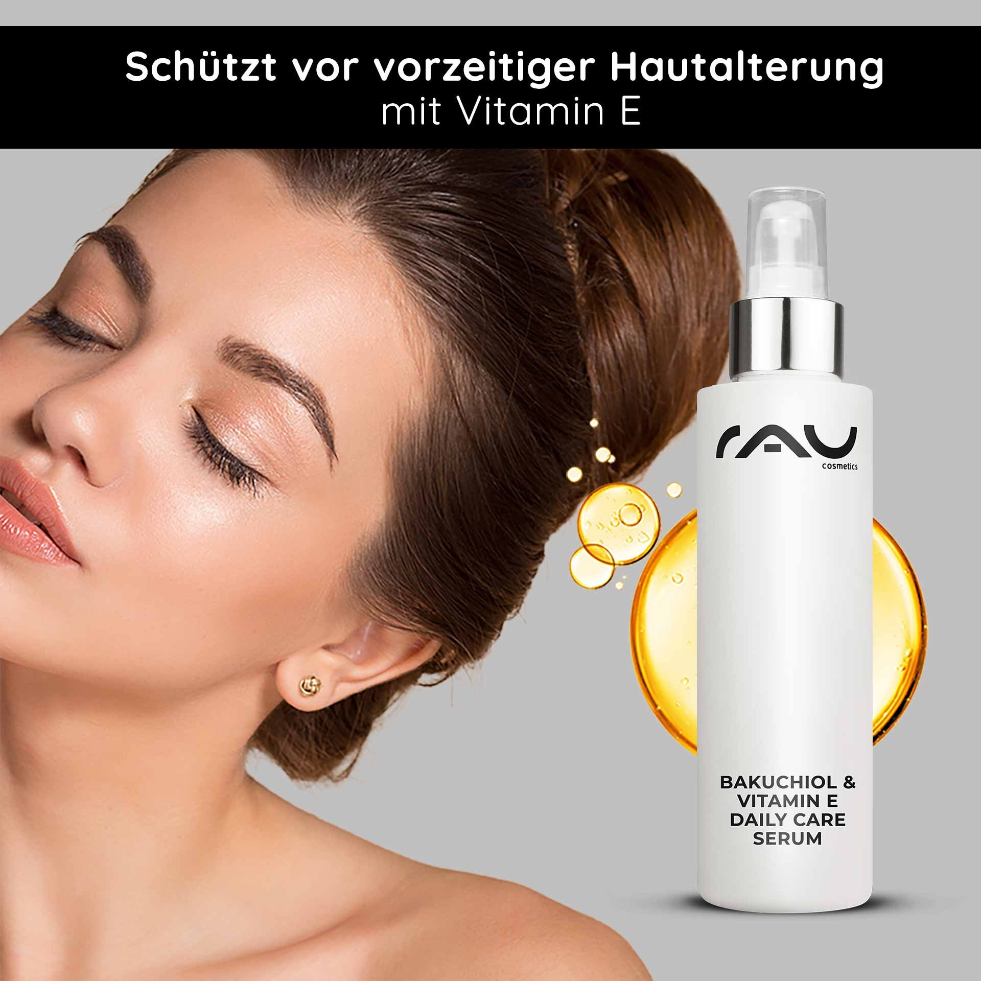RAU Cosmetics Bakuchiol & Vitamin E Daily Care Serum – Produktabbildung des Anti-Aging-Serums in einem eleganten Airless-Spender mit sichtbarem Etikett und transparentem Hintergrund.
