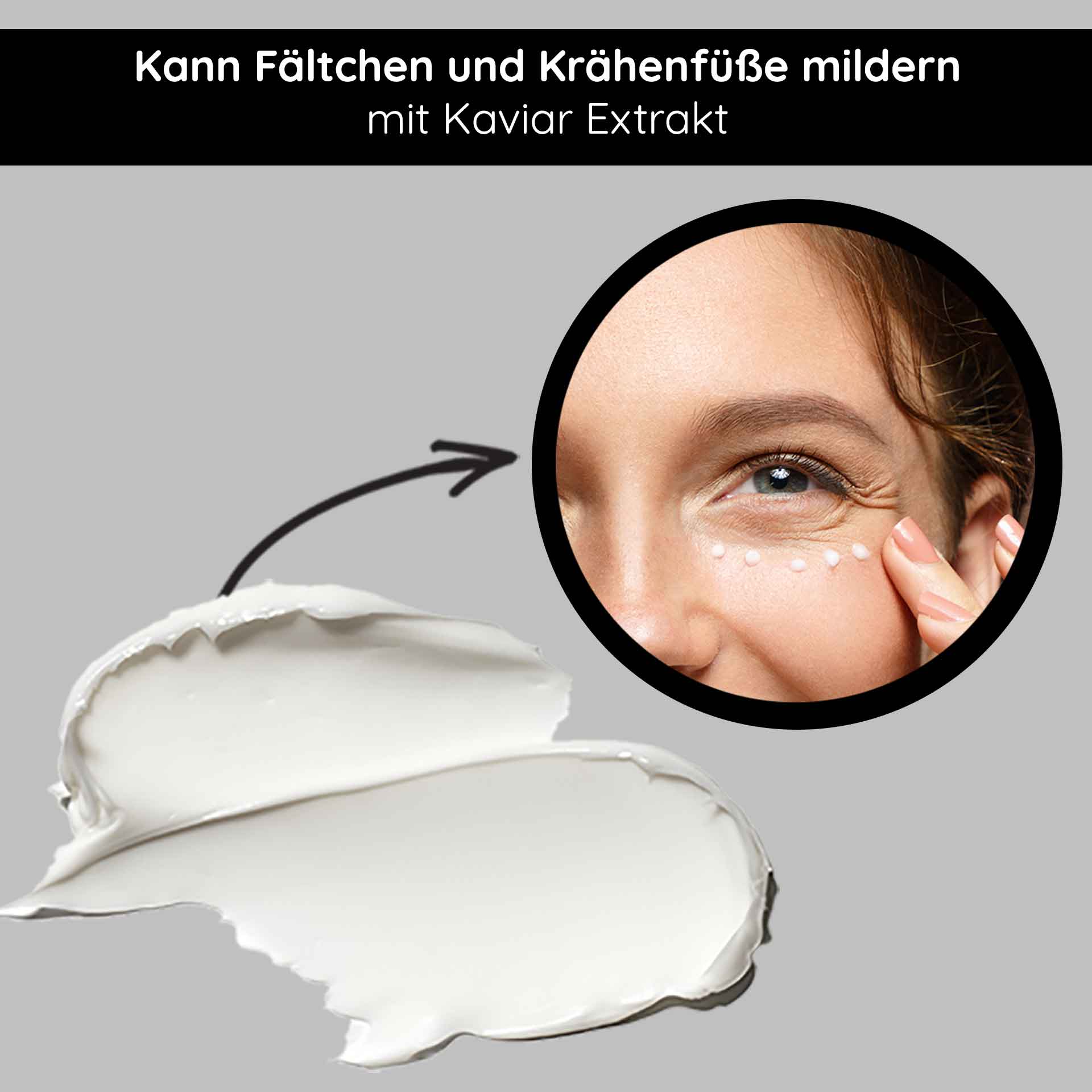 Crema de ojos de Caviar 15 ml para el contorno de ojos maduro Kaviar Augencreme mit Anti-Aging Effekt, Anwendung auf der Augenpartie zur Minderung von Fältchen und Krähenfüßen, feuchtigkeitsspendende Textur.