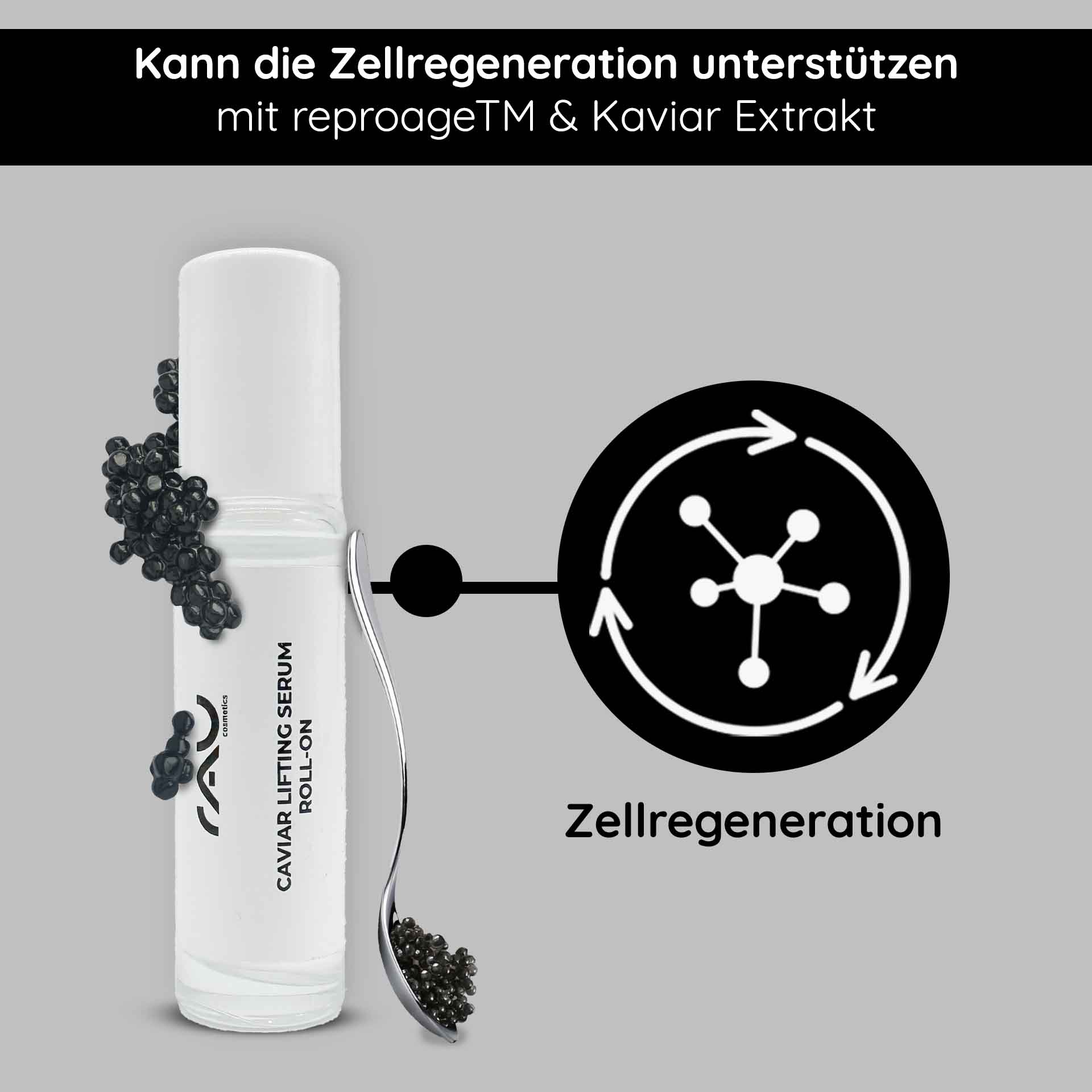 Caviar Lifting Serum 100 ml con Reproage y Extracto de Caviar RAU Cosmetics Caviar Lifting Serum Roll-On 5 ml in edler Verpackung – Anti-Aging-Serum mit Kaviarextrakt und Reproage™-Peptiden für reife Haut.“