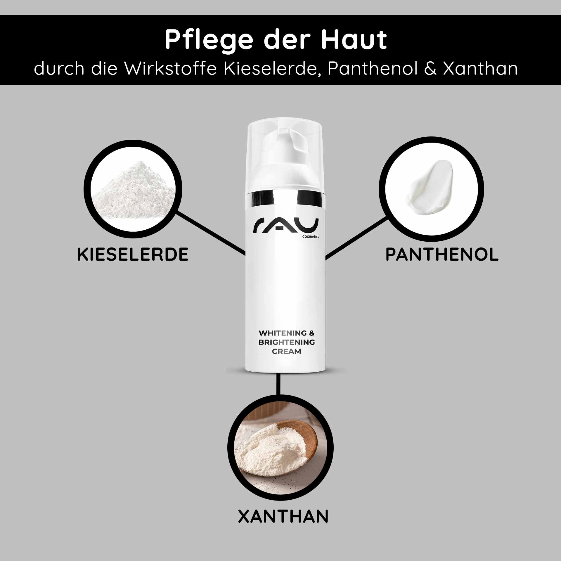 Whitening & Brightening Cream de RAU Cosmetics con sílice, pantenol y xantano para el cuidado y reducción de pigmentos.