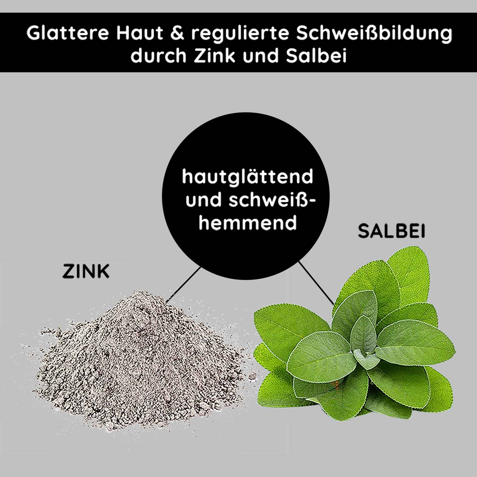 Ingredientes de la mascarilla mineral: polvo de zinc y hojas de salvia, que proporcionan una piel más suave y regulan la producción de sudor, con beneficios destacados.